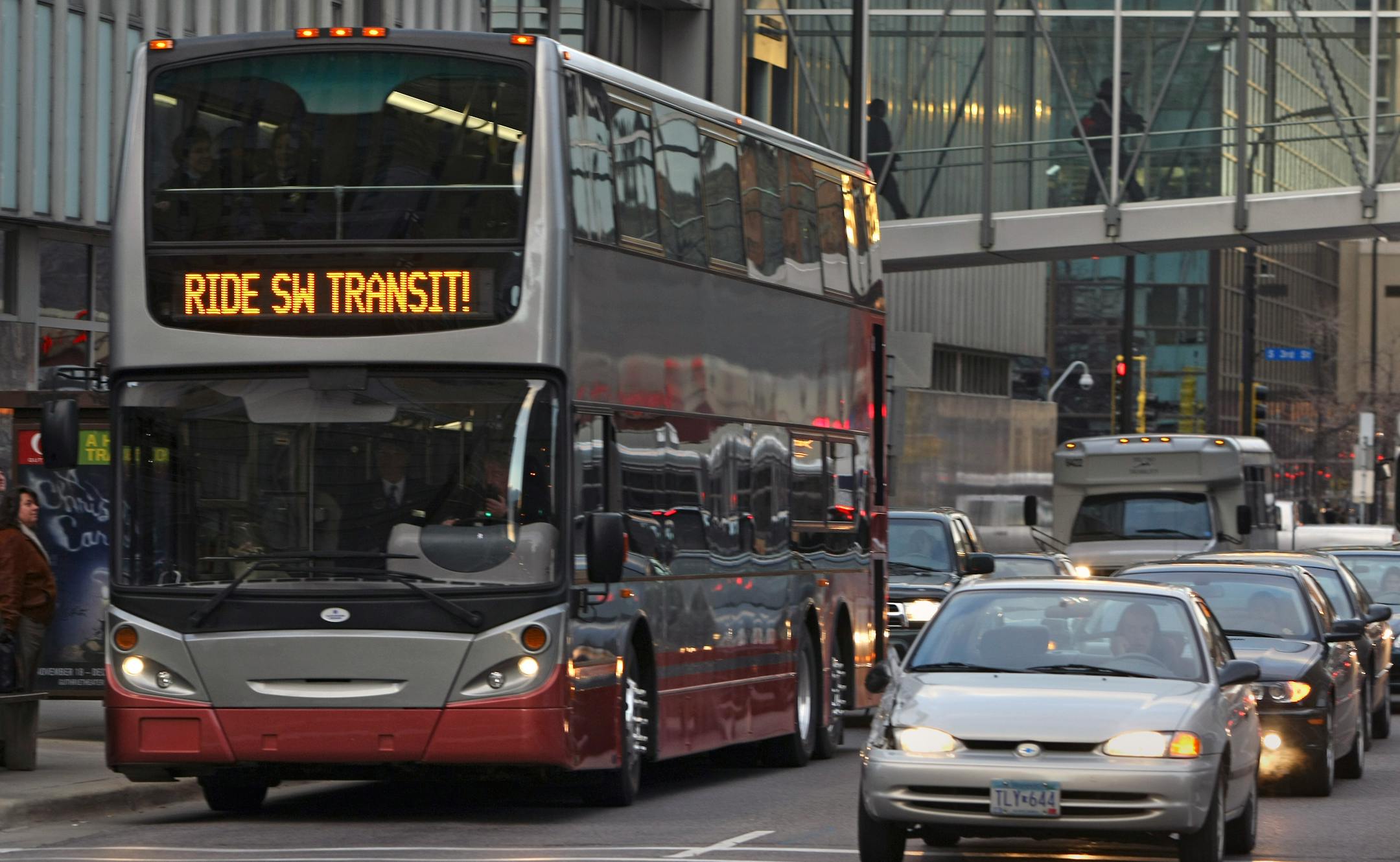 SouthWest Transit riders were treated to a ride on a Alexander Dennis double-decker bus being tested this week to see if it will help meet the huge demand for bus service. The bus picked up riders on Monday at the corner of 3rd Avenue and 4th Street in downtown Minneapolis and continued on its regular route.