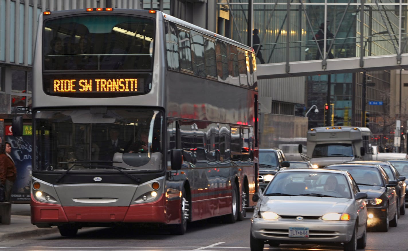 SouthWest Transit riders were treated to a ride on a Alexander Dennis double-decker bus being tested this week to see if it will help meet the huge demand for bus service. The bus picked up riders on Monday at the corner of 3rd Avenue and 4th Street in downtown Minneapolis and continued on its regular route.