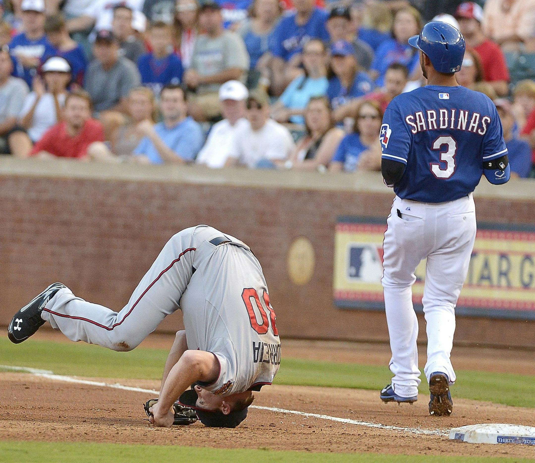 Minnesota Twins pitcher Kevin Correia makes an unassisted play at first to retire the Texas Rangers' Luis Sardinas (3) during the second inning at Globe Life Park in Arlington, Texas, on Friday, June 27, 2014. (Max Faulkner/Fort Worth Star-Telegram/MCT)