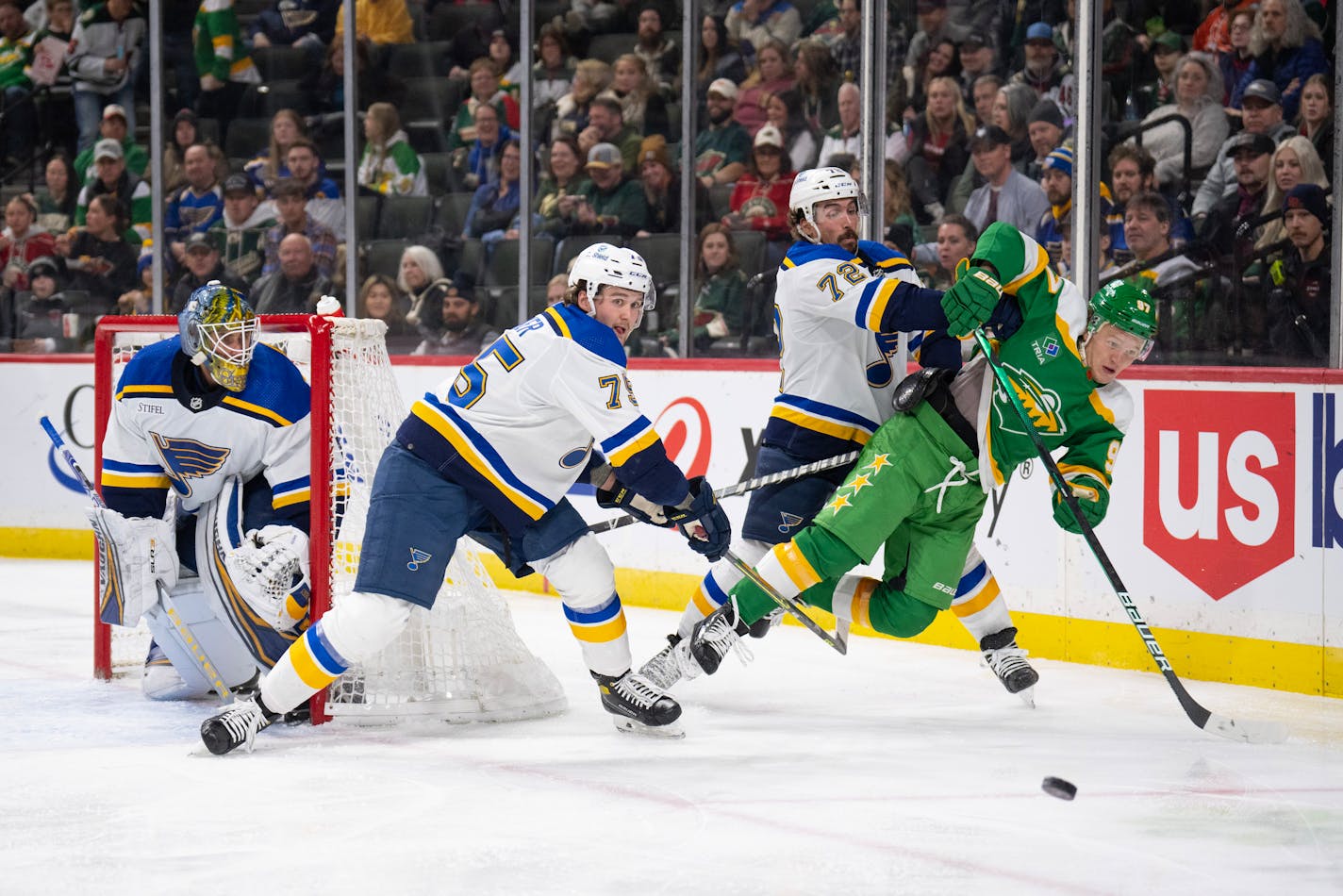 St. Louis Blues defenseman Justin Faulk checked Wild left wing Kirill Kaprizov after he got a pass off in the second period.