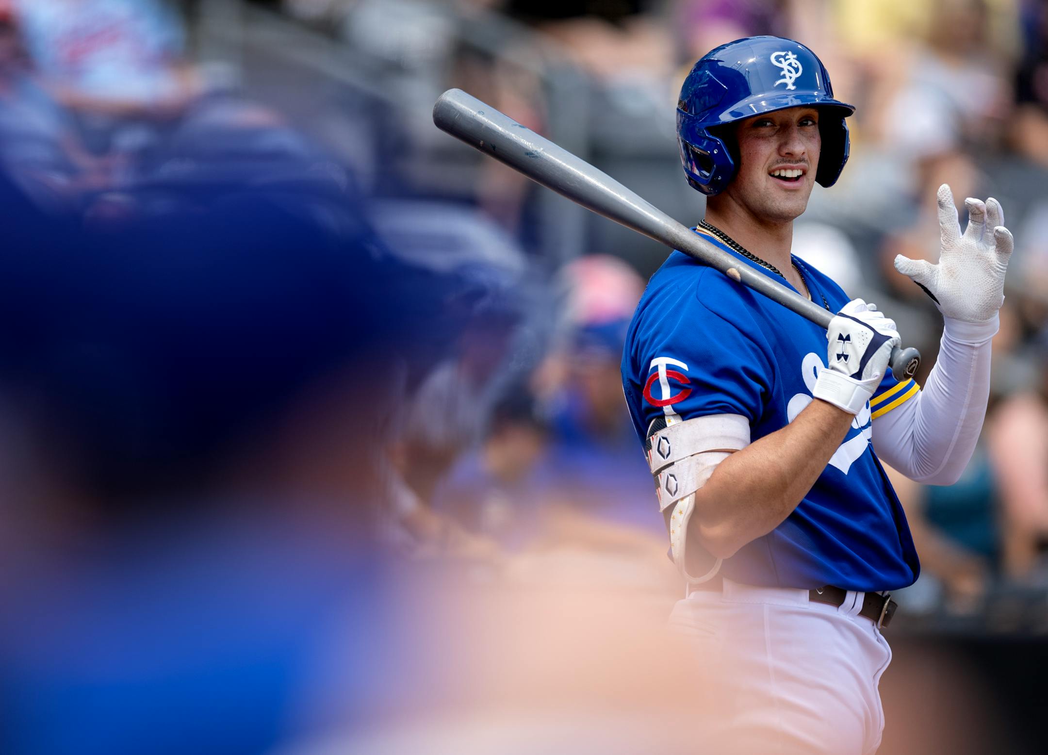 St. Paul Saints infielder Brooks Lee on deck Wednesday, August 9, 2023, at CHS Field in St. Paul, Minn.