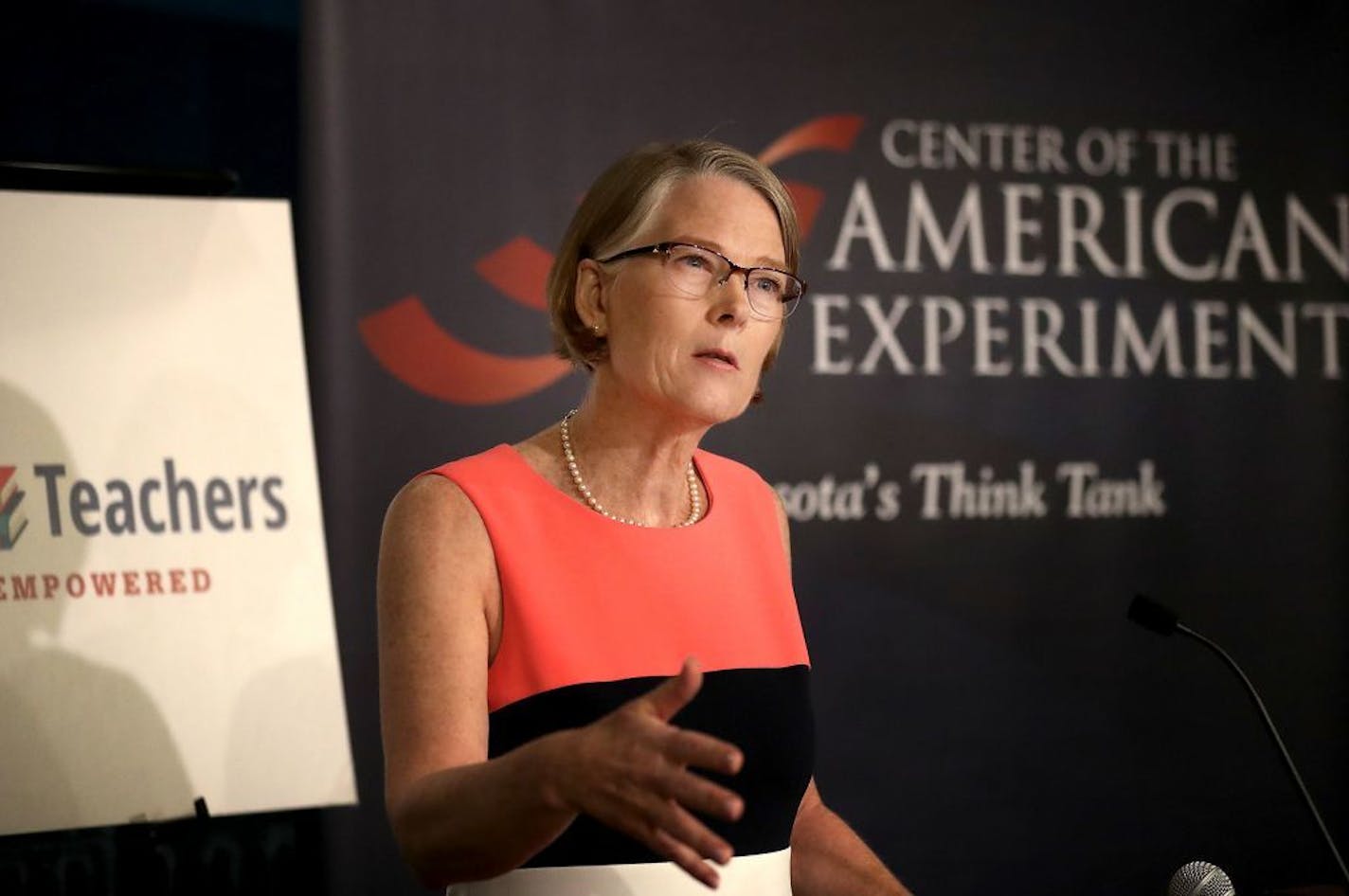 Kim Crockett, Vice President and General Counsel at Center of the American Experiment, spoke during a press conference on the Supreme Court ruling on labor unions, in which Crockett extolled the ruling Thursday, June 27, 2018, at the State Capitol in St. Paul, MN. "After forty-one long years of second-class citizenship, the First Amendment rights of teachers and other public employees have been restored," Crockett said.