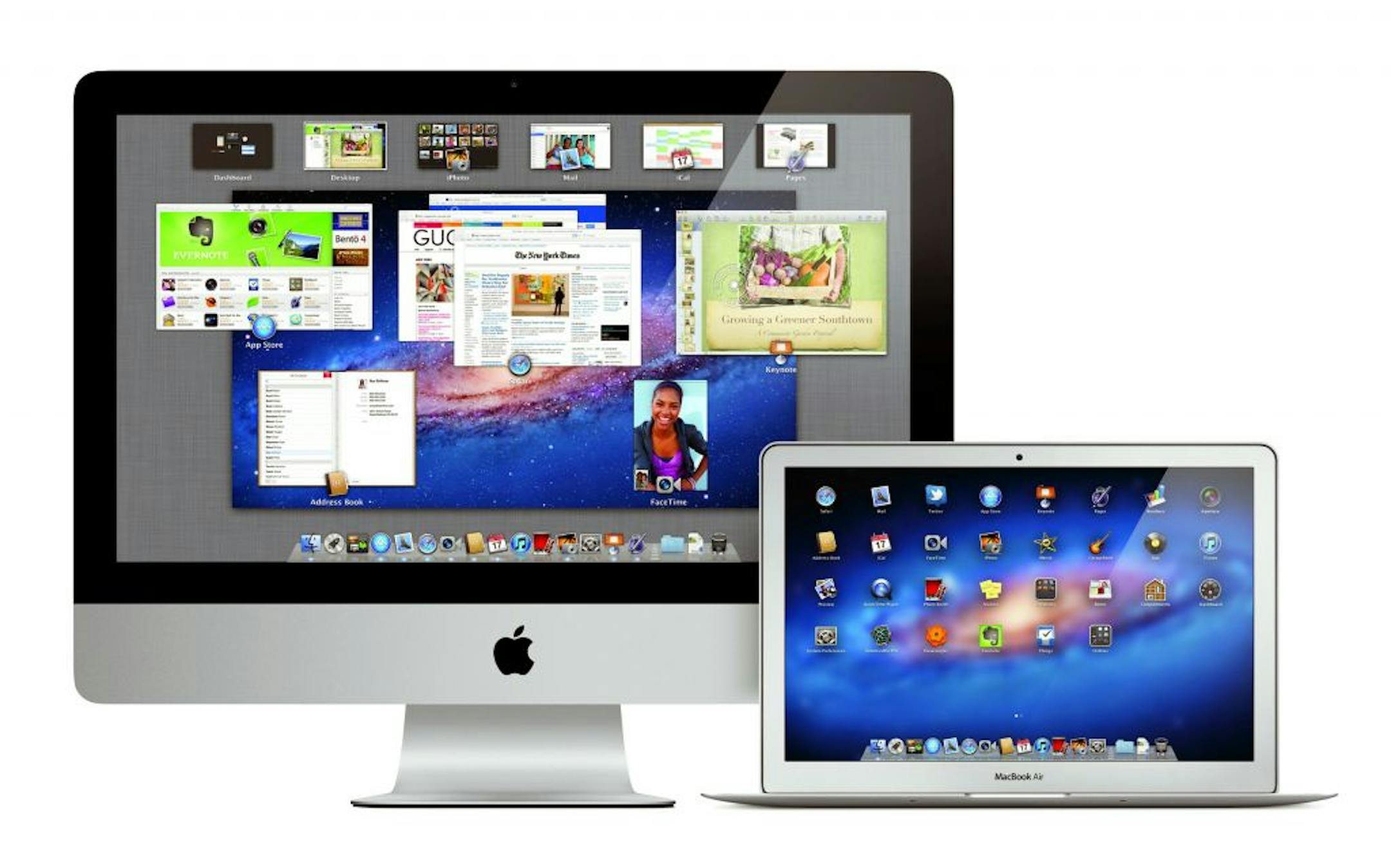 Left: Lion includes a feature called Mission Control, which shows all the applications that are running. Right: Launchpad displays apps in a grid.