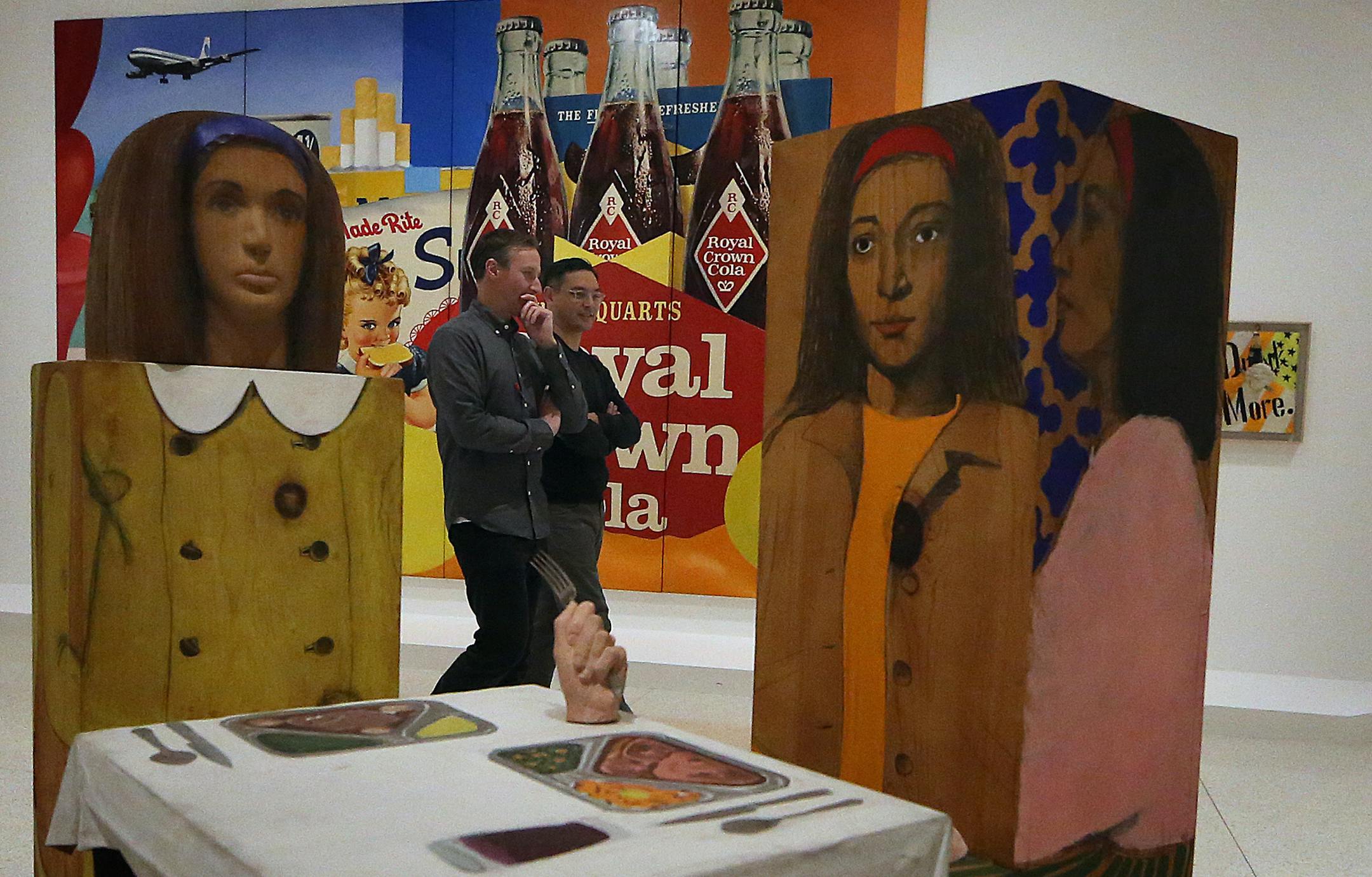 Dinner Date (painted wood, plaster, textiles, oil on canvas, metal fork, leather boots, paint, graphite) by Marisol (Marisol Escabar) Venezuelan, born France, 1930 (foreground and Still Life #35, 1963 (oil and collage on canvas) by Tom Wesselmann, American, 1931-2004. .] JIM GEHRZ &#xef; james.gehrz@startribune.com / Minneapolis, MN / April 3, 2015 /11:30 AM - BACKGROUND INFORMATION: In the U.S. cultural imagination, "Pop" art was a national celebration of that distinctly American phenomenon "co