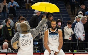 Crunch holds an umbrella over Minnesota Timberwolves center Rudy Gobert (27) as does a post-game interview after a game earlier this season.