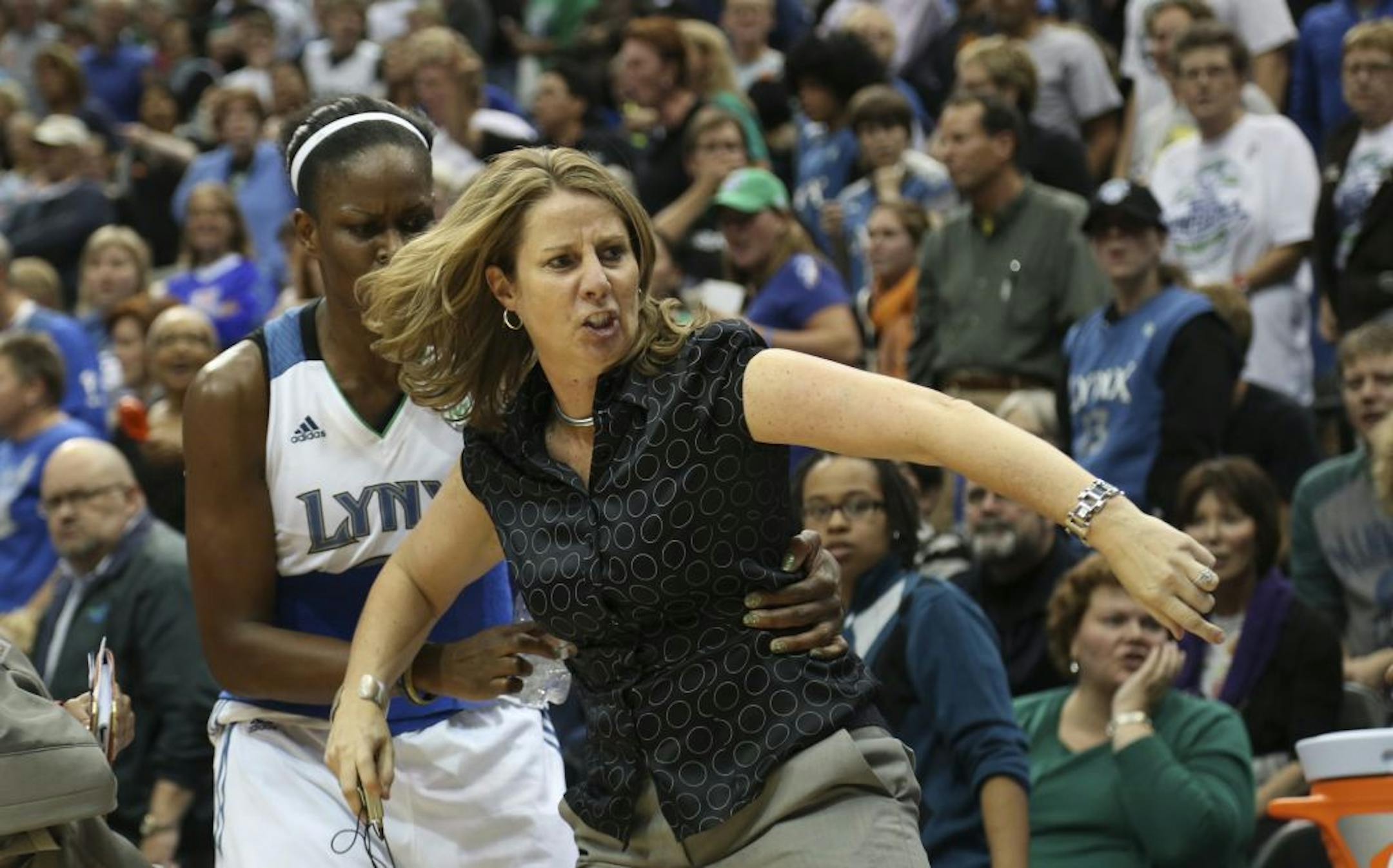 Lynx coach Cheryl Reeve tossed her jacket when she was slapped with a technical in the second half. Taj McWilliams-Franklin's intervention helped defuse off the coach's meltdown.