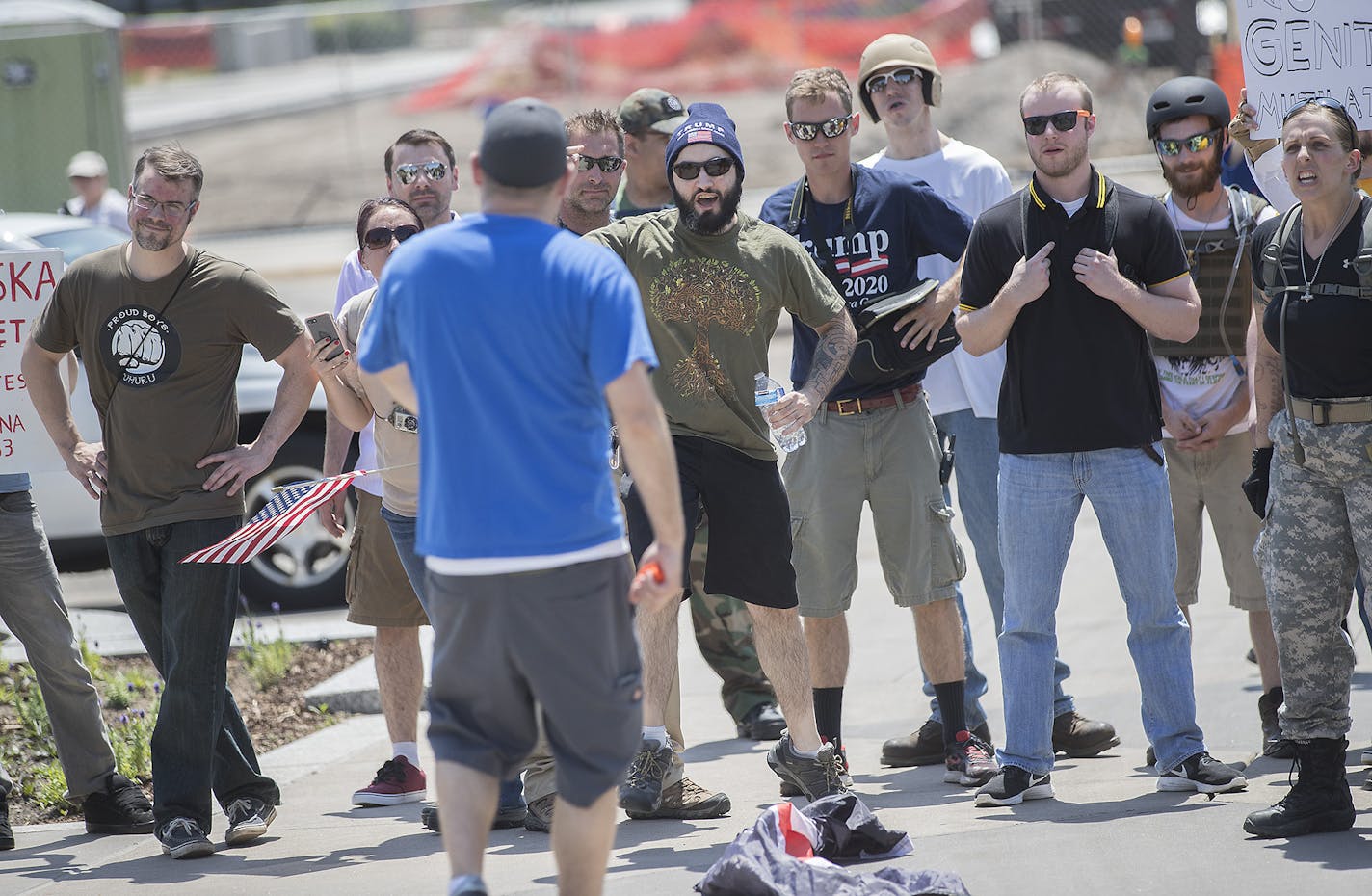 An anti-Sharia law group and antifascist protesters clashed during dueling rallies at the Minnesota State Capitol, Saturday, June 10, 2017 in St. Paul, MN. When a small faction of the anti-sharia group challenged the protesters outside, the Minnesota State Patrol had to intervene. ] ELIZABETH FLORES &#xef; liz.flores@startribune.com