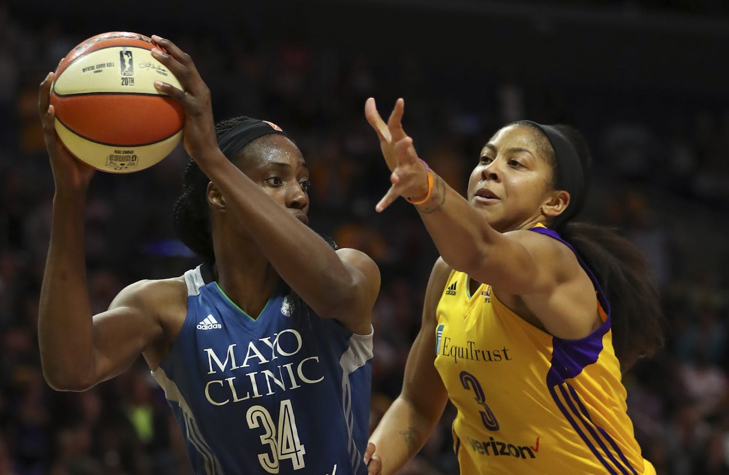 Los Angeles Sparks forward Candace Parker (3) and forward Nneka Ogwumike (30) tried to defend Minnesota Lynx center Sylvia Fowles (34) after she grabbed a loose ball under the Sparks net very late in the fourth quarter. ] JEFF WHEELER &#xd4; jeff.wheeler@startribune.com The Minnesota Lynx outlasted the Los Angeles Sparks 85-79 in a crucial Game 4 of their WNBA Finals series Sunday evening, October 16, 2016 at Staples Center in Los Angeles. ORG XMIT: MIN1610162255391371