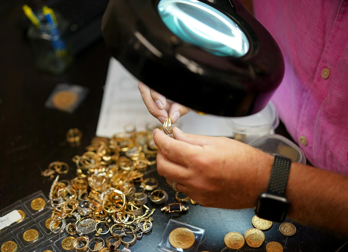 Enviro-Chem president Todd Meyer showed some of the gold he has purchased recently. Some will be melted down to bars, some must have precious stones removed and some of the coins will be re sold to collectors. ] GLEN STUBBE • glen.stubbe@startribune.com Wednesday, August 26, 2020 As gold prices per ounce flirt at $2,000 an ounce, are consumers in the mood again to sell the gold sitting in a dusty drawer? Gold buyers say business has picked up and they expect it to keep climbing for gold and silv