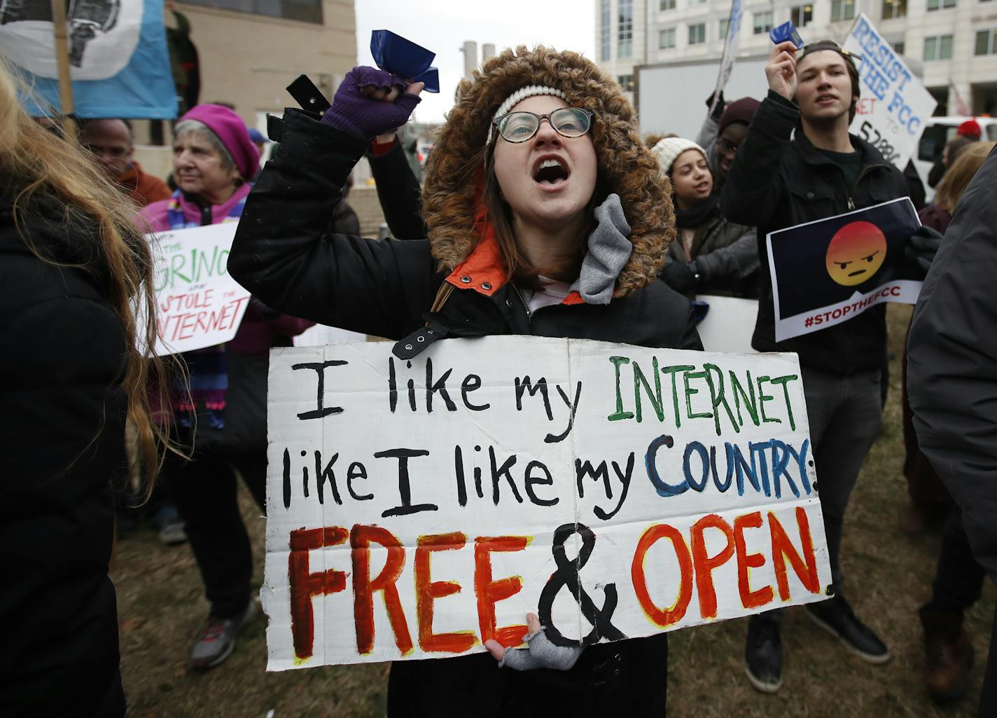 Lindsay Chestnut of Baltimore protested near the Federal Communications Commission in Washington on Thursday ahead of the vote on net neutrality.