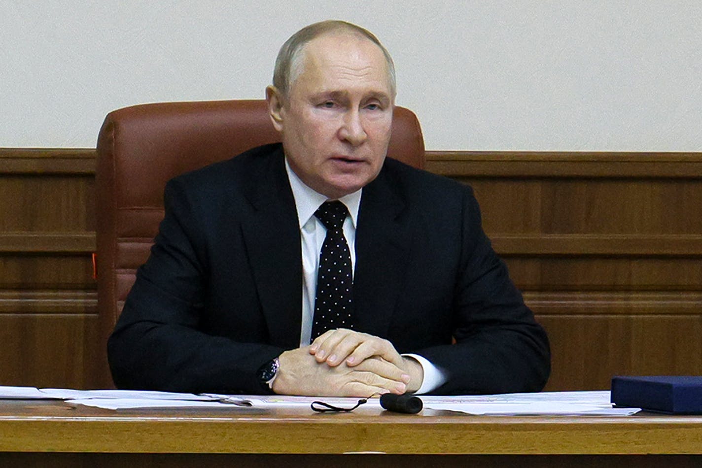 Russian President Vladimir Putin speaks as he attends the joint staff of troops involved in Russia's military operation in Ukraine, at an unknown location, Saturday, Dec. 17, 2022. (Gavriil Grigorov, Sputnik, Kremlin Pool Photo via AP)