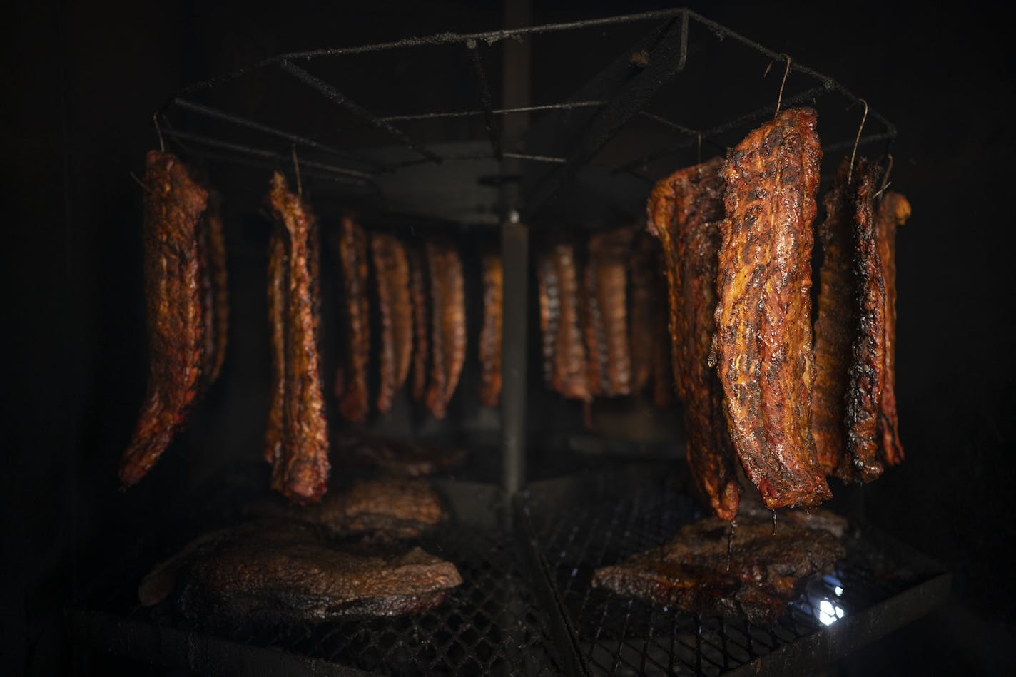 Baby back ribs and Revere Farms Brisket in the smoker at Minnesota Barbecue Co.