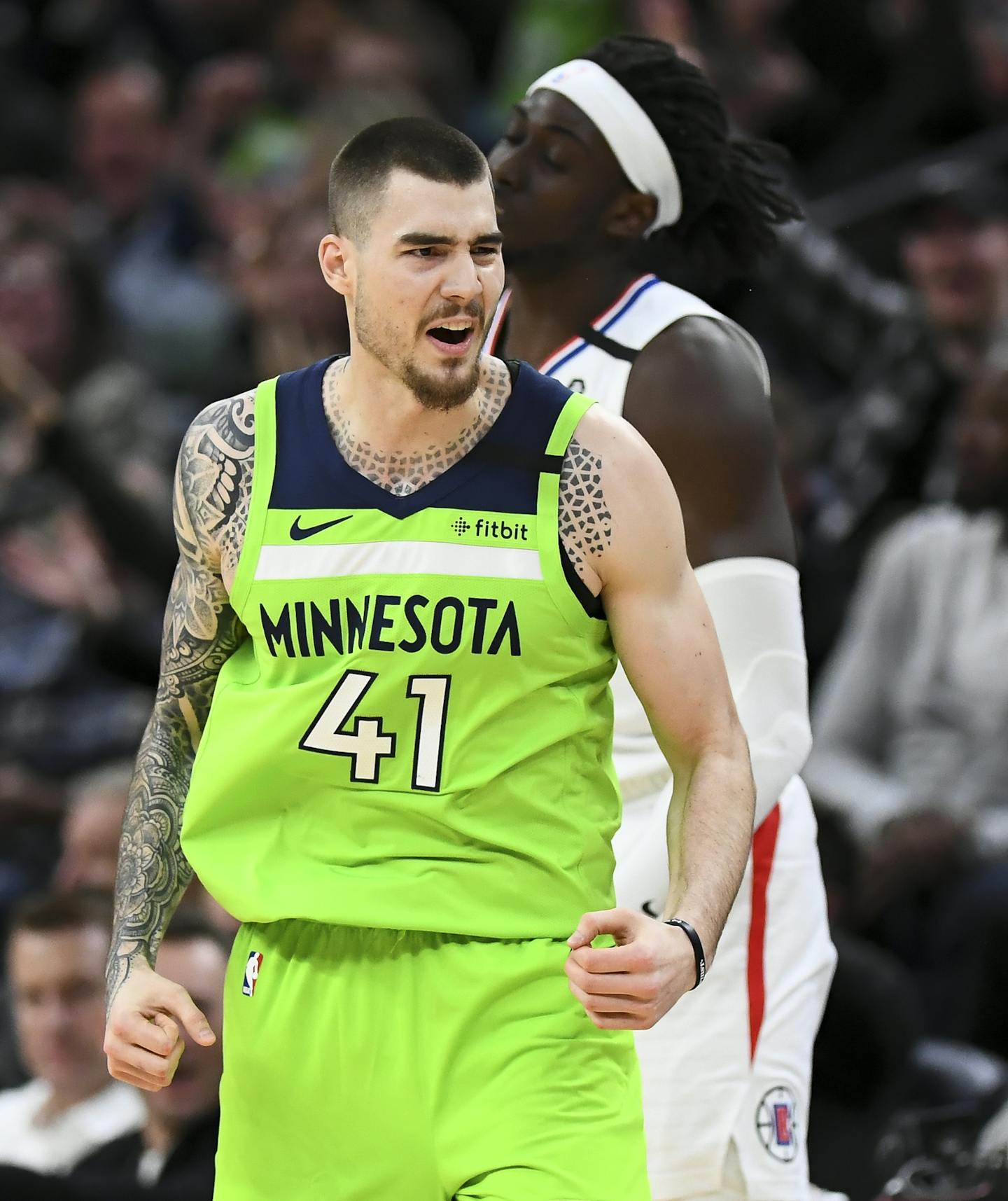 Minnesota Timberwolves forward Juan Hernangomez (41) celebrated a 3-pointer scored against the LA Clippers in the second half. ] Aaron Lavinsky • aaron.lavinsky@startribune.com The Minnesota Timberwolves played the Los Angeles Clippers on Saturday, Feb. 8, 2020 at Target Center in Minneapolis, Minn.