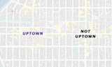 An animated dashed line draws a square on a map of where Uptown, a neighborhood without formal boundaries, is, excluding non-Uptown areas on a map of Minneapolis.