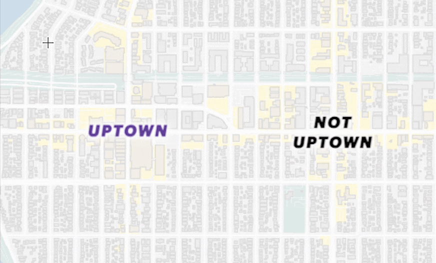 An animated dashed line draws a square on a map of where Uptown, a neighborhood without formal boundaries, is, excluding non-Uptown areas on a map of Minneapolis.