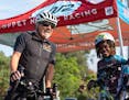 Cross-country cyclist Robert Gay appeared in Minneapolis with Kandandi Mack from Trips for Kids.