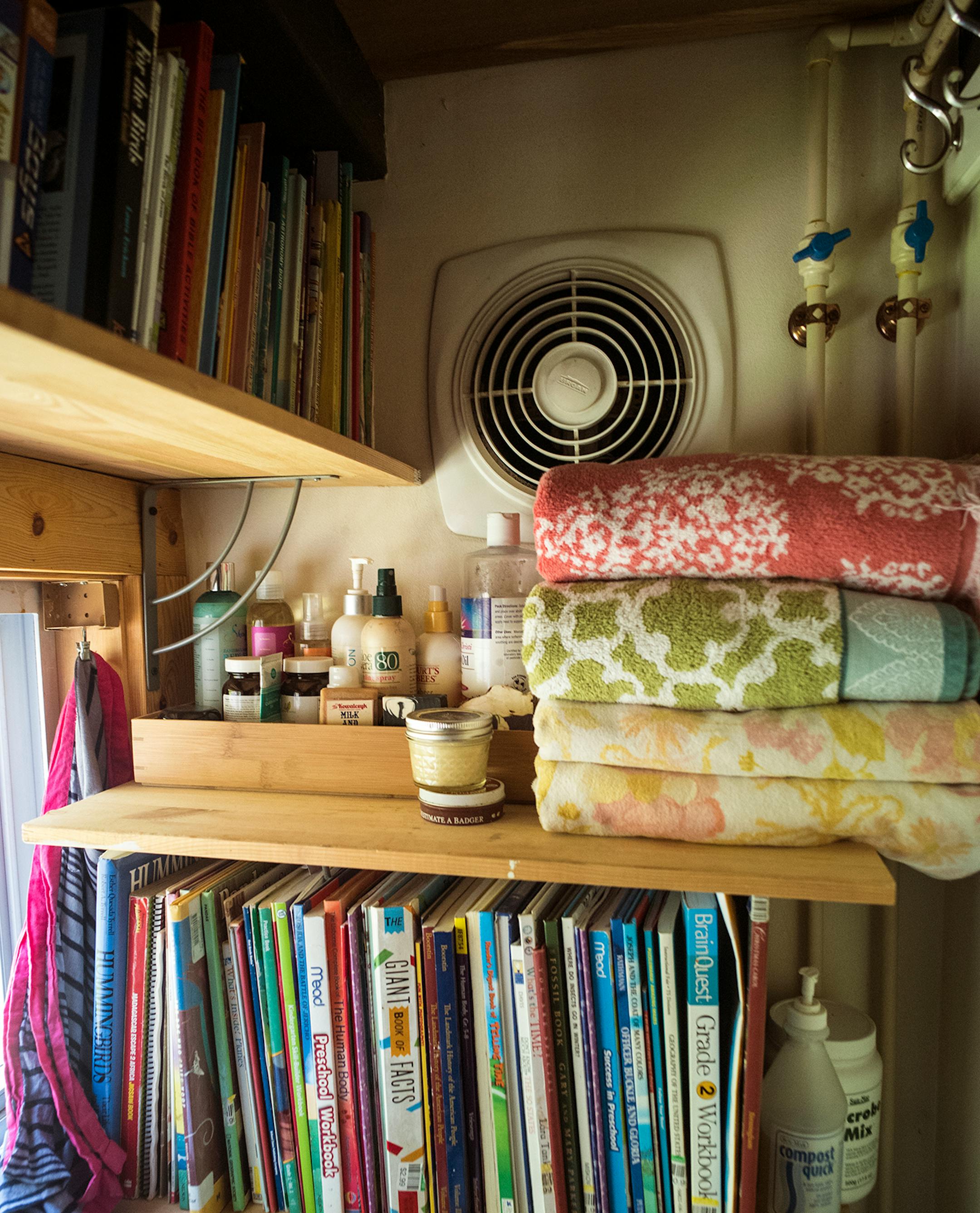 Bookshelves are built into the sleeping loft.