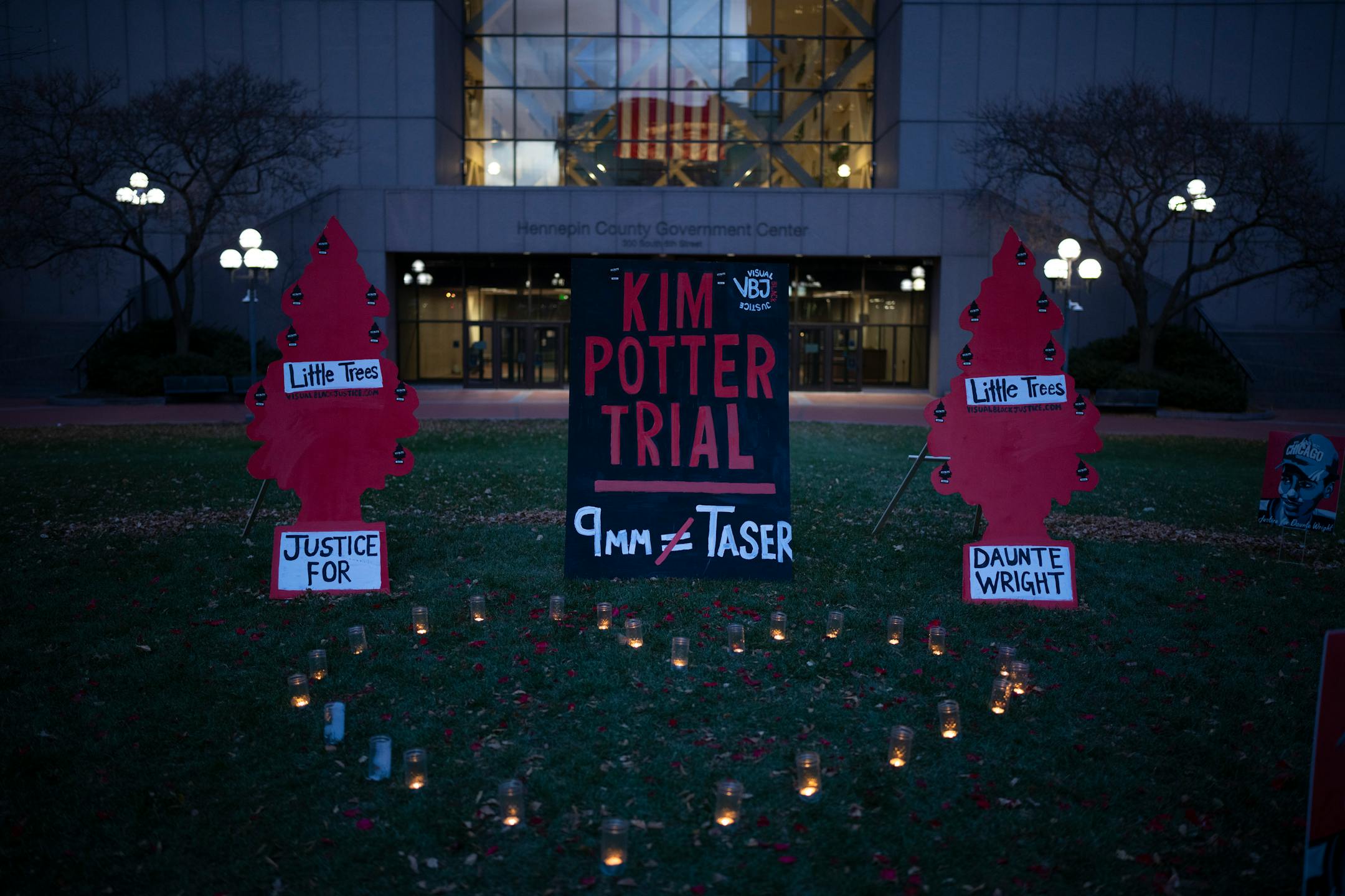 An installation by Visual Black Justice was in place on Tuesday, Nov. 30, 2021 outside the Hennepin County Government Center, where the trial of former police officer Kimberly Potter began in Minneapolis. A demonstration of support for the family of Daunte Wright by 75 or so people took place Tuesday, Nov. 30, 2021 outside the Hennepin County Government Center followed by a short march in Minneapolis. ] JEFF WHEELER • Jeff.Wheeler@startribune.com
