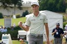 Will Zalatoris pumps his fist after making a birdie on the ninth hole of his second round of the Sanderson Farms Championship
