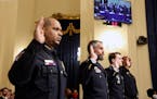 From left: U.S. Capitol Police Sgt. Aquilino Gonell, District of Columbia Metropolitan Police Officers Michael Fanone and Daniel Hodges, and U.S. Capi