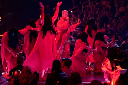 Sam Smith performs "Unholy" at the 65th annual Grammy Awards on Sunday, Feb. 5, 2023, in Los Angeles. (AP Photo/Chris Pizzello)