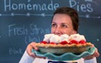 Homemade Cafe owner, Julie Elwell, poses for a portrait while holding a fresh homemade strawberry pie in front of her. ] COURTNEY PEDROZA • courtney