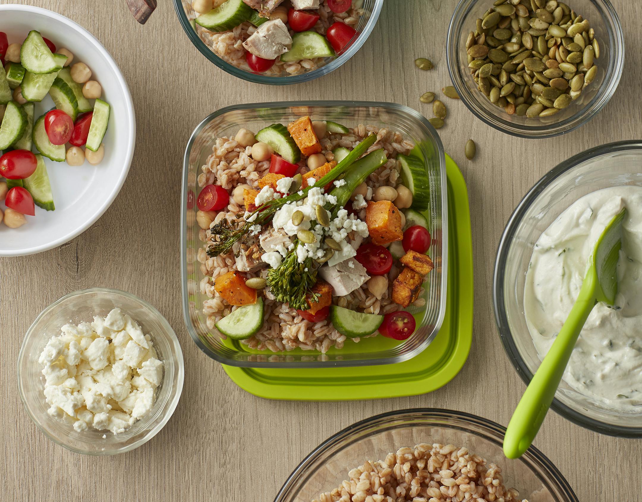 Mediterranean Chicken, Roasted Vegetables and Farro Bowls