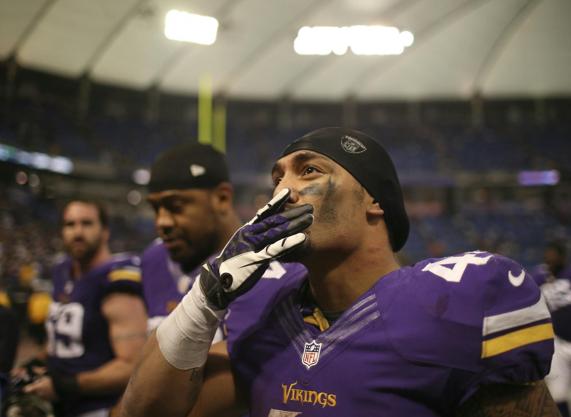 The Minnesota Vikings beat the Philadelphia Eagles 48 - 30 in an NFL football game Sunday afternoon, December 15, 2013 at Mall of America Field in Minneapolis. Minnesota Vikings running back Matt Asiata (44) blew a kiss to someone in the stands as he walked off the field after the Vikings' win.