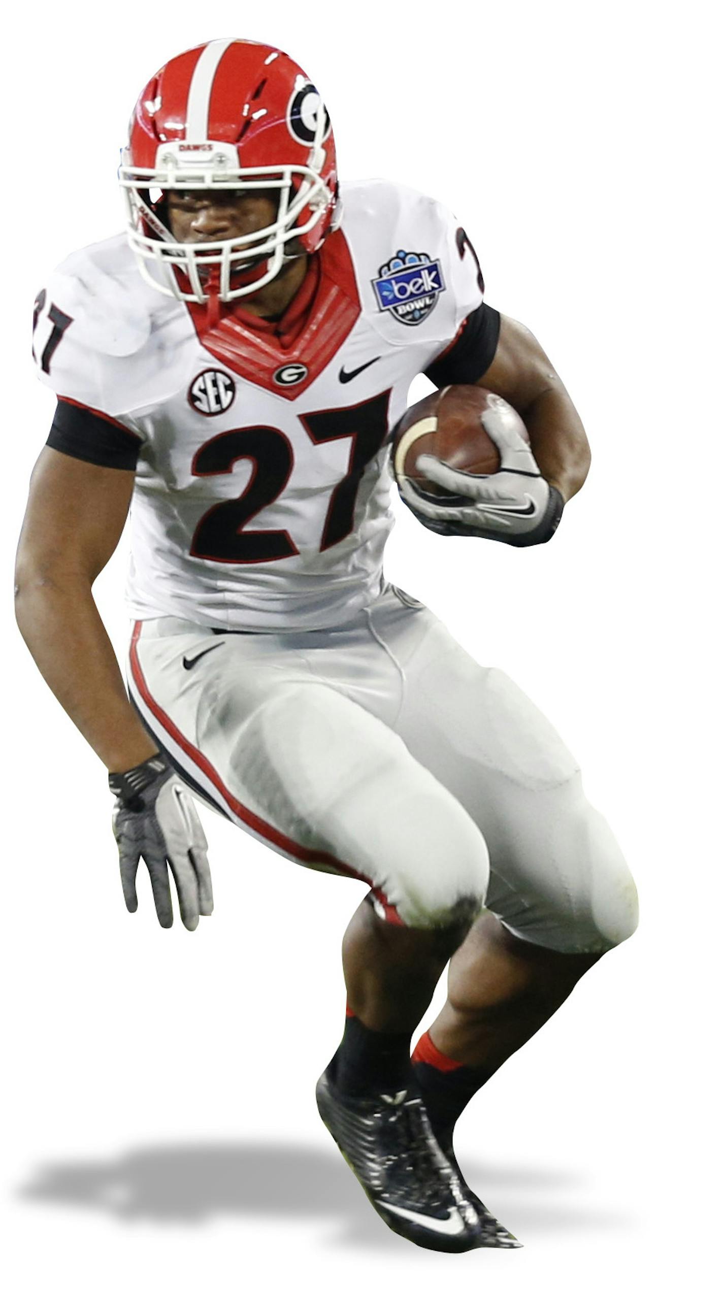 Georgia's Nick Chubb (27) runs past Louisville's Terell Floyd (19) during the first half of the Belk Bowl NCAA college football game in Charlotte, N.C., Tuesday, Dec. 30, 2014. (AP Photo/Nell Redmond)