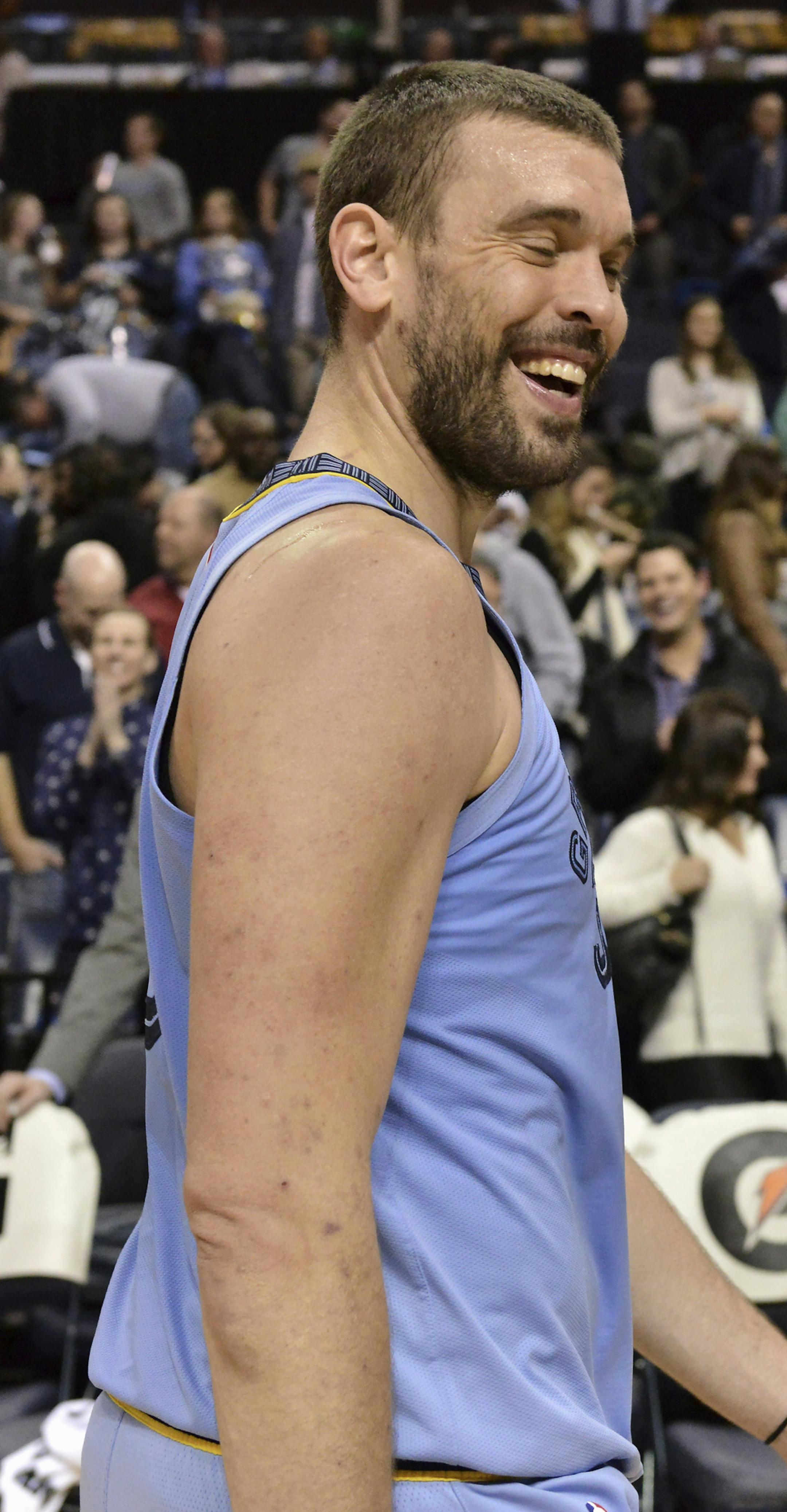 Memphis Grizzlies center Marc Gasol (33) smiles as he walks off of the court after an NBA basketball game against the Indiana Pacers Saturday, Jan. 26, 2019, in Memphis, Tenn. (AP Photo/Brandon Dill)