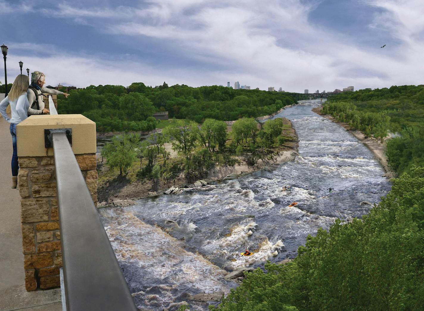 The Mississippi River in the Twin Cities was quieted for the sake of industry, but the ingredients of its whitewater nature are still present below the surface. Here's what the view could be like upstream from the Lake Street Bridge if the river flowed freely.