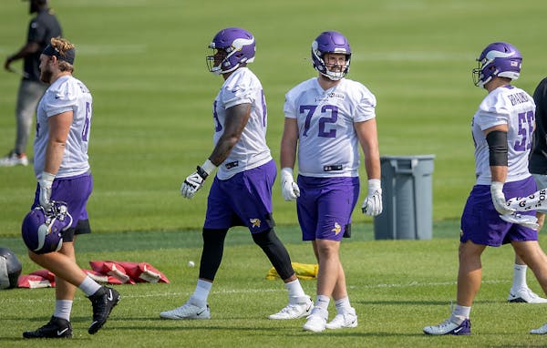 Vikings offensive guard Ezra Cleveland (72) took to the field for practice at the TCO Performance Center, Wednesday, August 25, 2021 in Eagan, MN. ] E