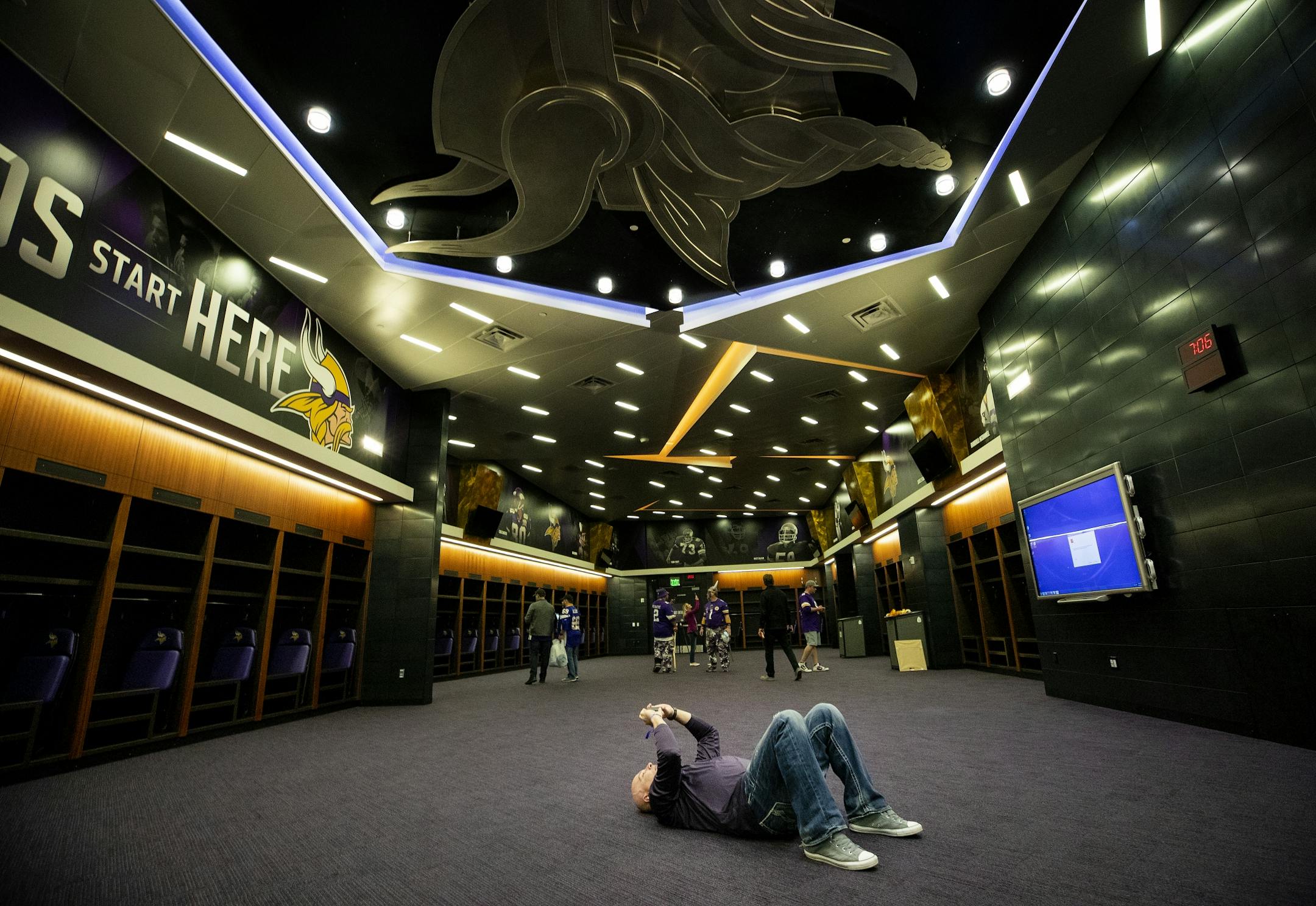 Dale Kraus of Hopkins took a picture of the ceiling inside the locker room during the Minnesota Vikings draft party held at US Bank Stadium.
