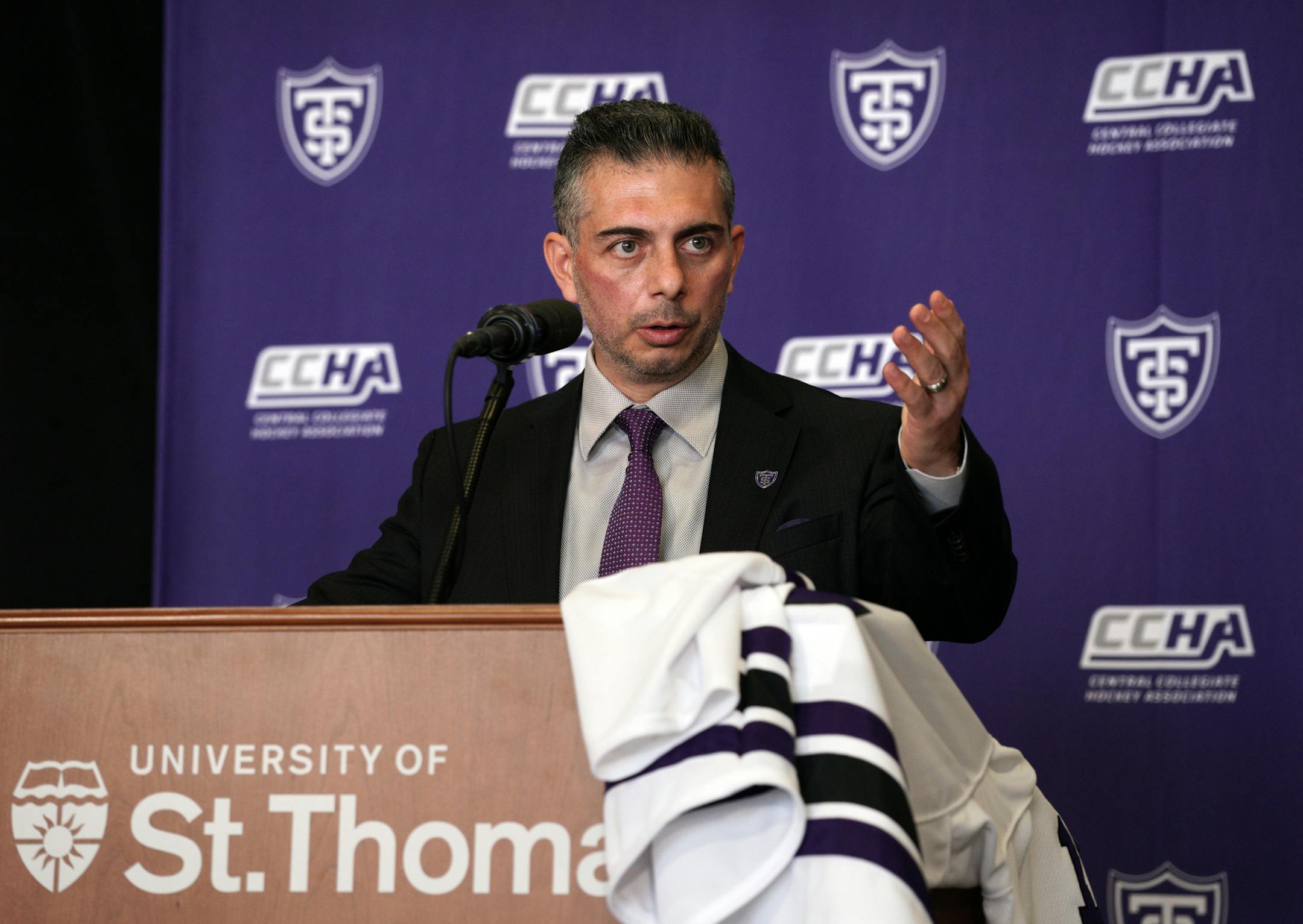 New St. Thomas men's hockey coach Rico Blasi was introduced on the St. Paul campus Tuesday afternoon.
