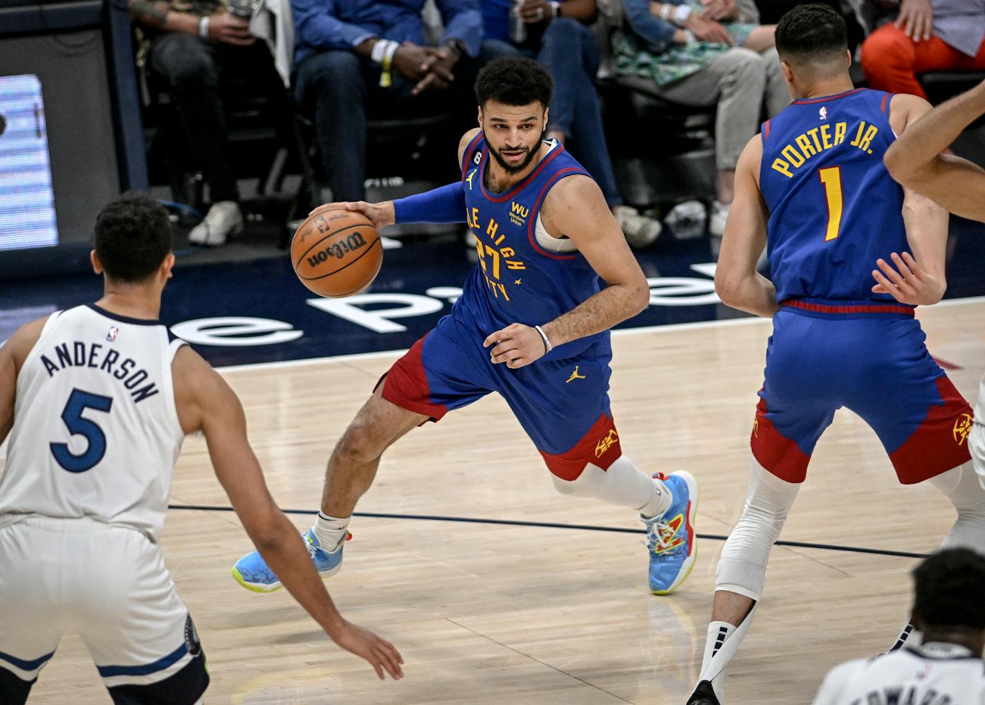 Jamal Murray (27) of the Denver Nuggets drives against the Minnesota Timberwolves during the second quarter at Ball Arena in Denver on Sunday, April 16, 2023. (Photo by AAron Ontiveroz/The Denver Post)