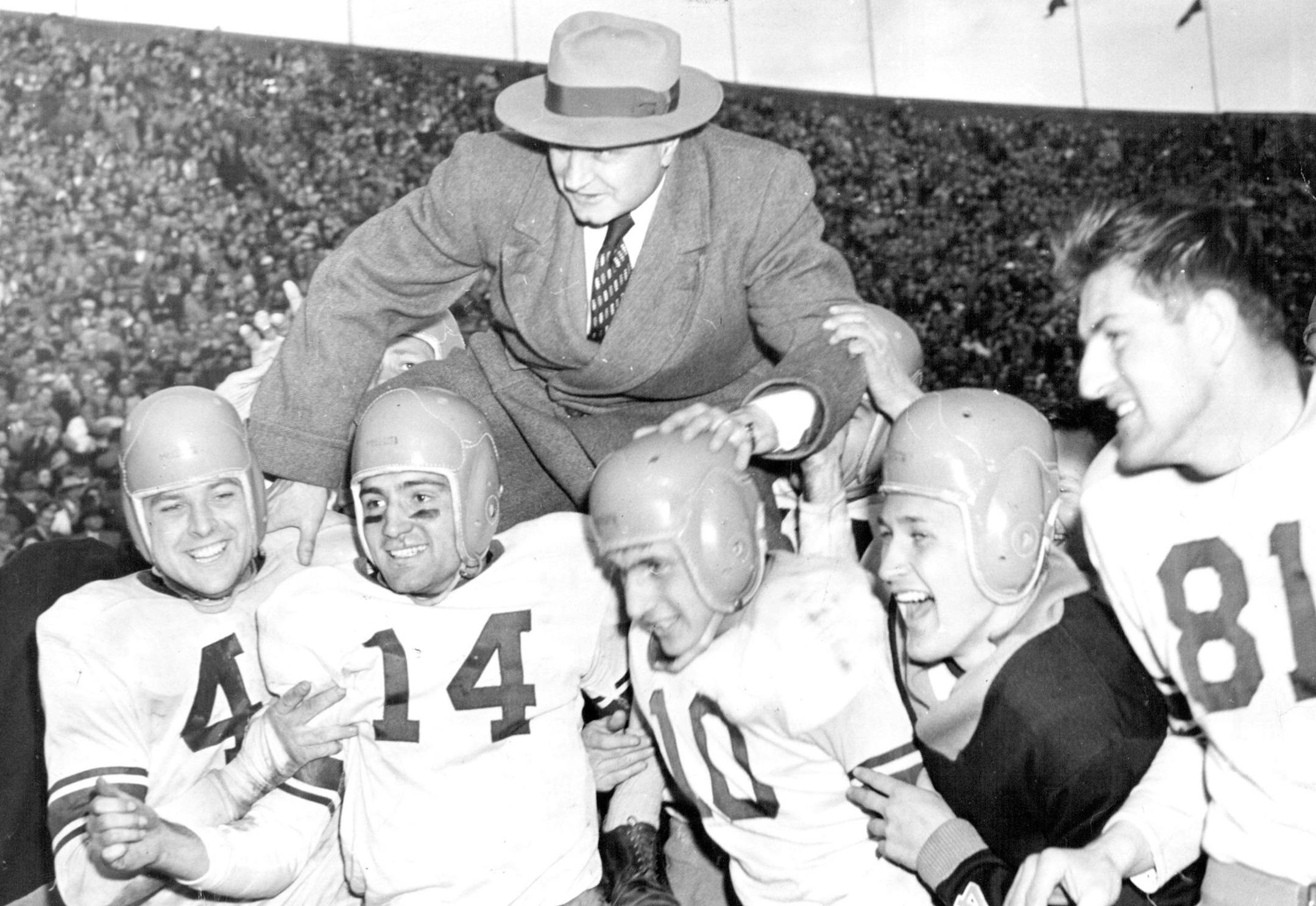December 31, 1950 The week that Bernie Bierman announced his resignation as head football coach at the University of Minnesota saw his Golden Gophers go on to win their only victory of the season - over Purdue, 27-14, on Nov. 18. That was the signal for some of the players to carry Bierman out of Memorial stadium on their shoulders. March 9, 1977 Russell Bull, Minneapolis Star Tribune; Minneapolis Sunday Tribune