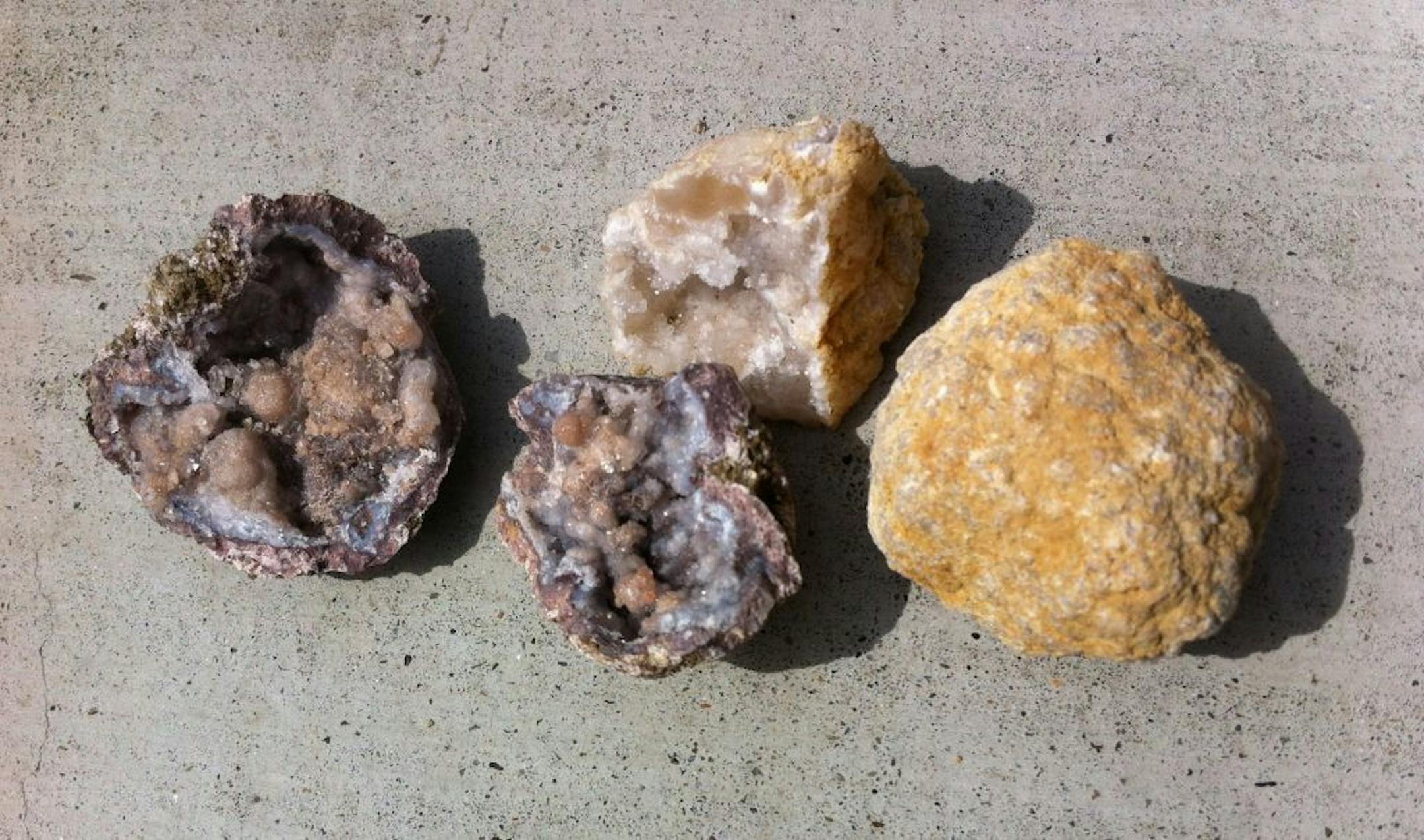 When you first open the Break Open Real Geodes box, there's a moment of disappointment. All you find is a pair of safety goggles and plastic bag with six roundish rocks. But don't be fooled: there's a lot more here than meets the eye. We recommend that you and your child grab a hammer (not included), put on the safety goggles, go outside on the sidewalk, and crack open one or two of the geodes. Once your child has seen the beautiful crystals that are inside, she'll be much more interested in rea