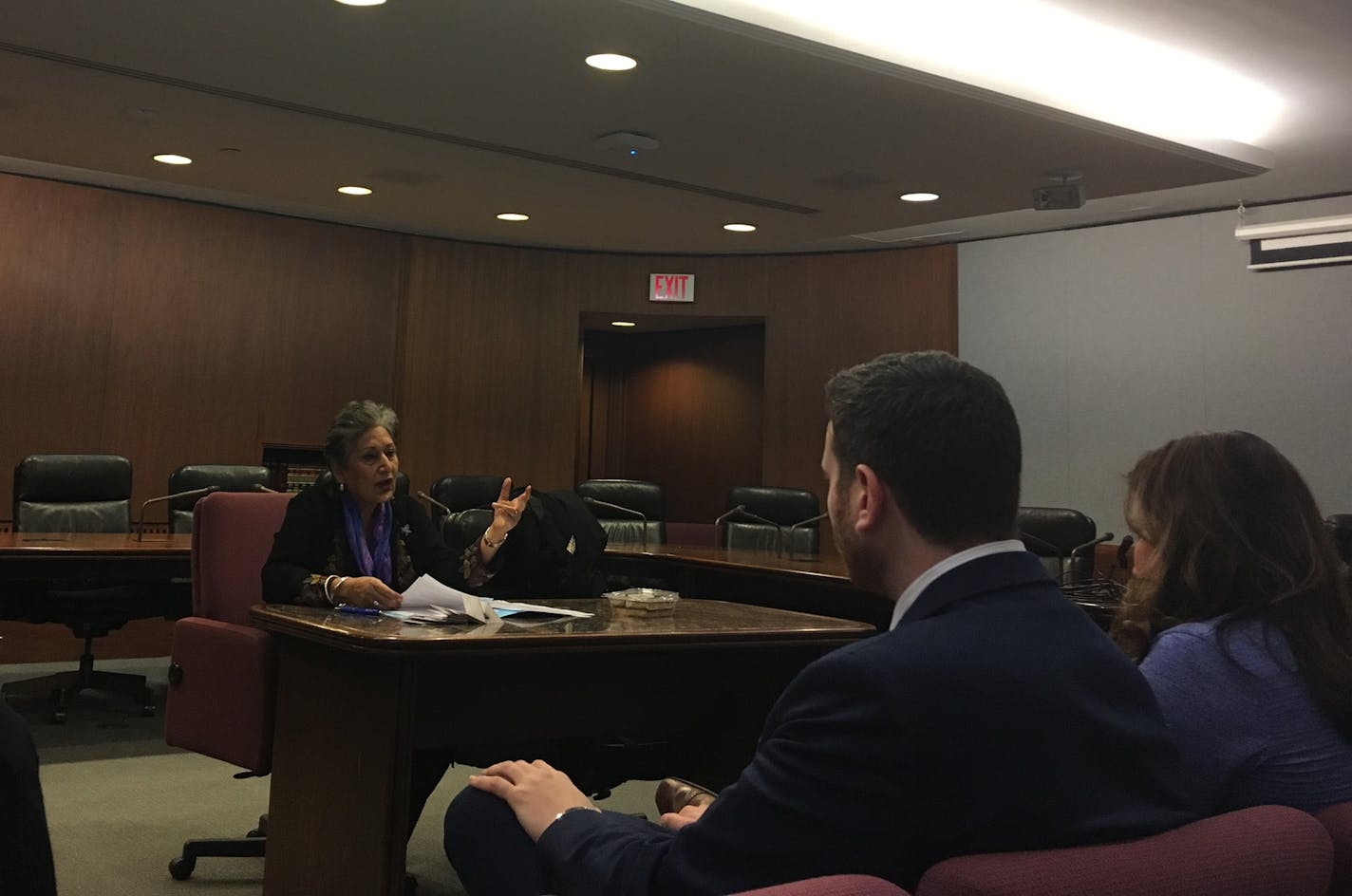 Reformist Muslim activist Raheel Raza speaks with Republican legislators at the Minnesota Capitol on Wednesday.