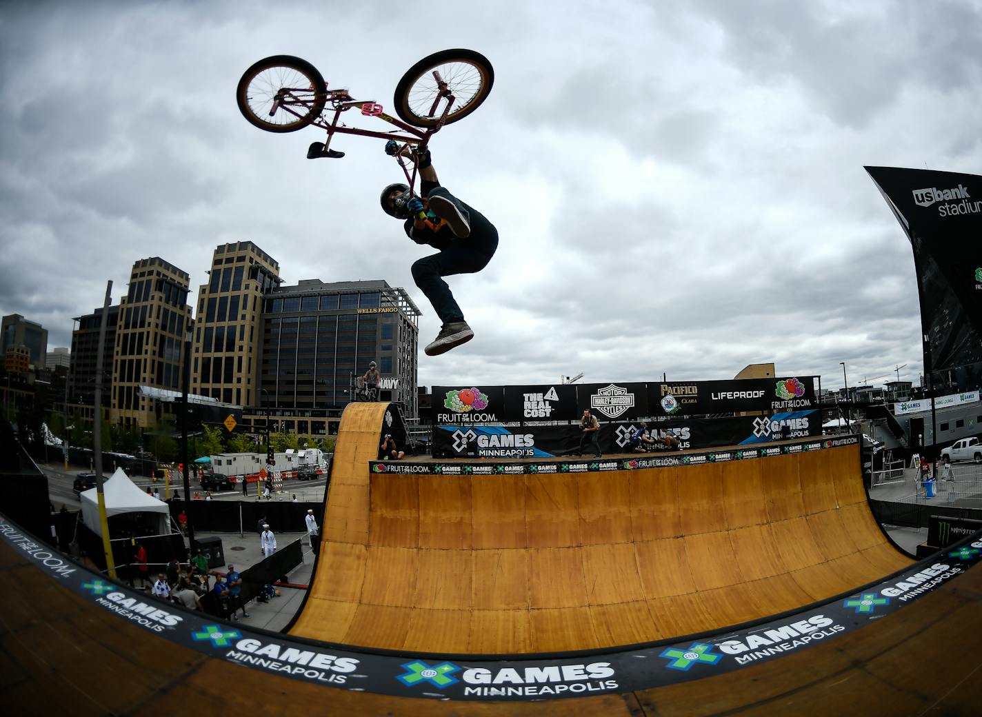 British BMX rider Jamie Bestwick performed a tail whip as he launched out of the vert ramp during practice Thursday afternoon outside US Bank Stadium in Minneapolis, Minn. ] AARON LAVINSKY &#xef; aaron.lavinsky@startribune.com The X-Games were held Thursday, July 13, 2017 at US Bank Stadium in Minneapolis, Minn.