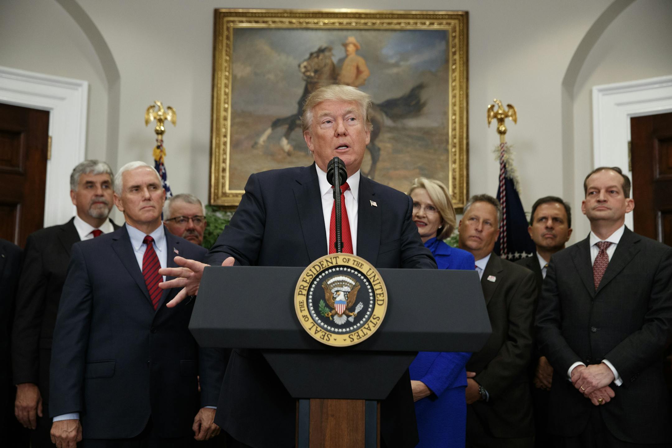 President Donald Trump speaks before signing an executive order on health care in the Roosevelt Room of the White House, Thursday, Oct. 12, 2017, in Washington. (AP Photo/Evan Vucci)