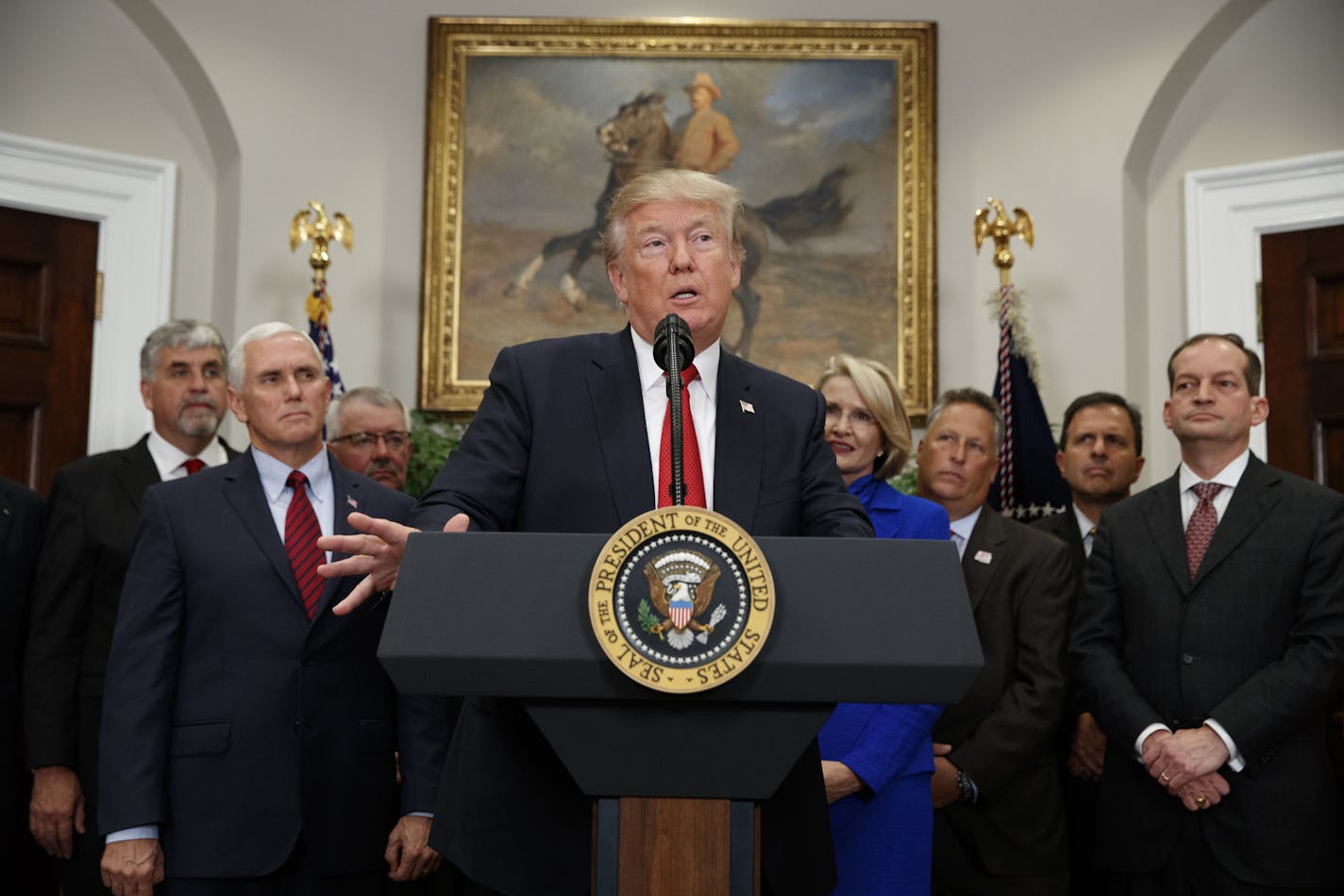 President Donald Trump speaks before signing an executive order on health care in the Roosevelt Room of the White House, Thursday, Oct. 12, 2017, in Washington. (AP Photo/Evan Vucci)