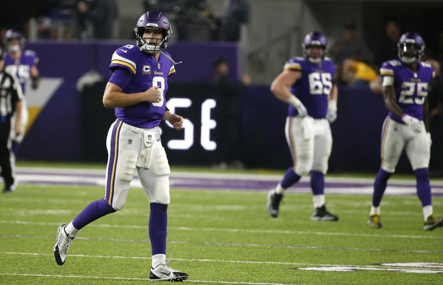 Vikings quarterback Kirk Cousins ran off the field after throwing an interception during the second half against New Orleans on Sunday. Saints cornerback P.J. Williams returned the interception 45 yards for a touchdown.