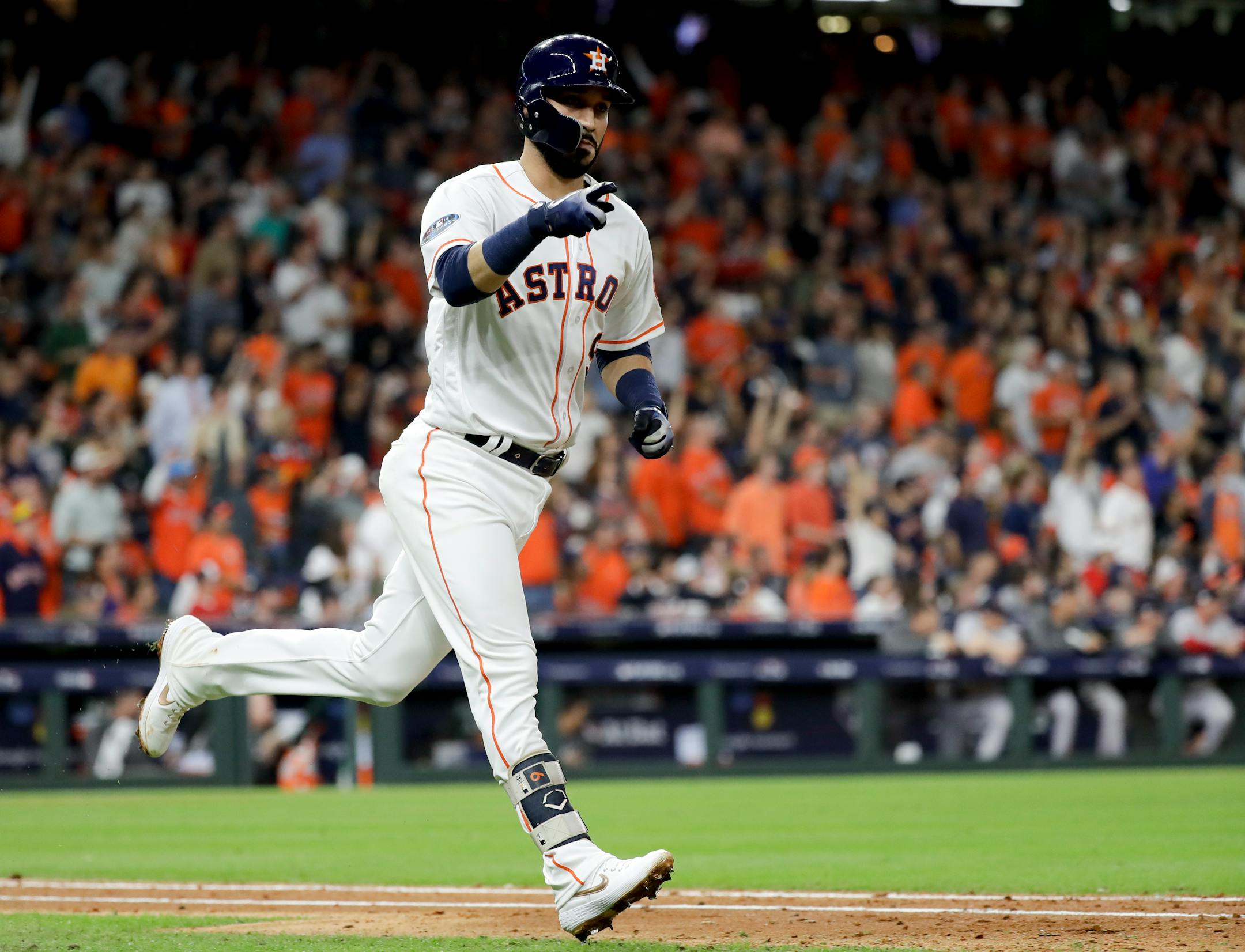 Marwin Gonzalez celebrated after his home run for the Astros against the Red Sox in Game 5 of the ALCS in 2018. He's back in Houston tonight as a member of the Twins, who open a three-game series at Minute Maid Park.