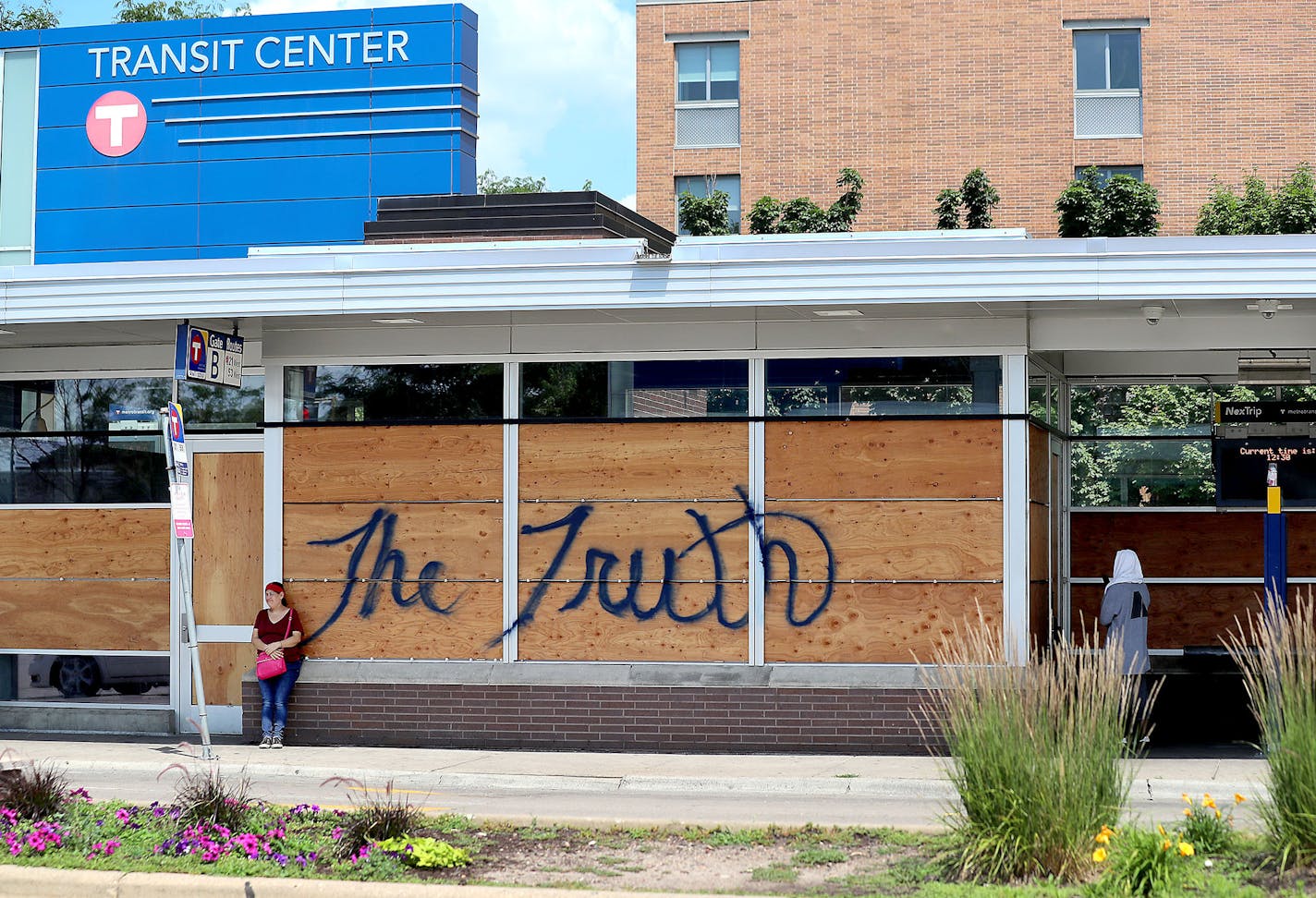 Windows broken out and boarded up following the killing of George Floyd and the unrest that ensued at the Transit Center on Chicago Avenue near Lake St. Thursday in Minneapolis.] DAVID JOLES • david.joles@startribune.com Improvements to bus service along the Twin Cities' busiest transit corridors have stalled as lawmakers try to sort out a bonding bill at the Capitol. The proposed B and D rapid bus projects also travel along areas struggling to recover following the unrest related to George Floy