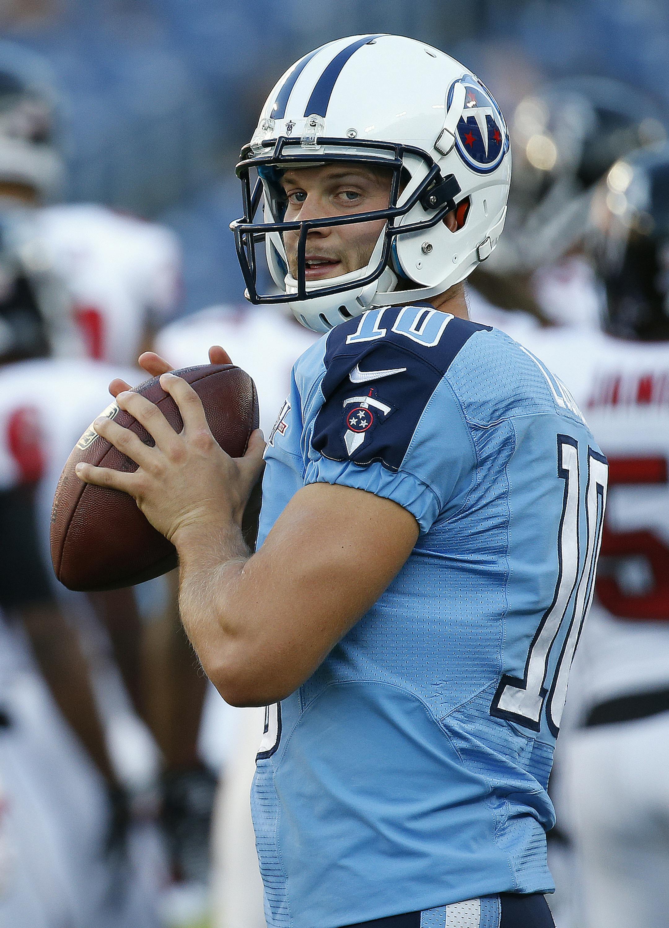 Tennessee Titans quarterback Jake Locker (10) works before the first half of an NFL preseason football game against the Atlanta Falcons, Saturday, Aug. 24, 2013, in Nashville, Tenn. (AP Photo/John Russell)