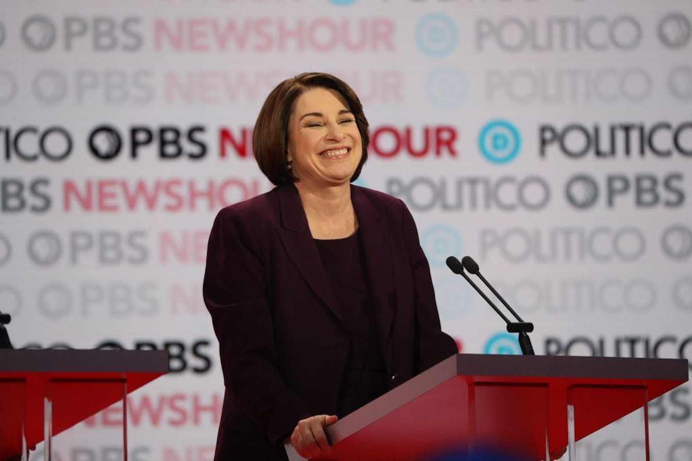 Sen. Amy Klobuchar (D-Minn.) during the Democratic presidential debate co-hosted by PBS and Politico at Loyola Marymount University in Los Angeles, on Thursday, Dec. 19, 2019.