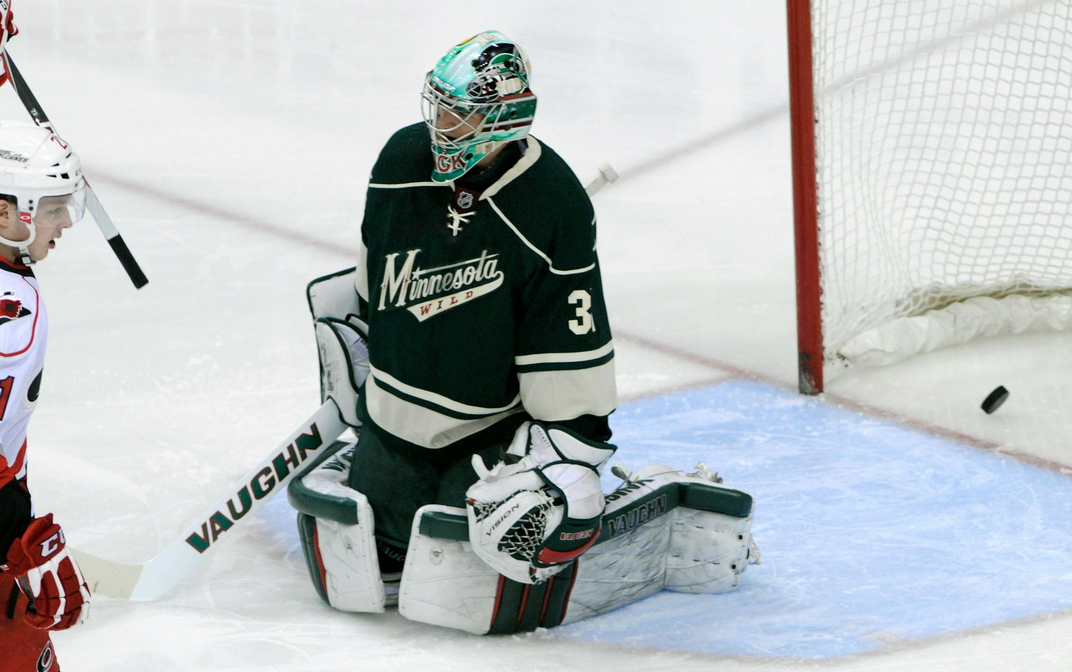 In scene that has been repeated often this season, a Wild goalie — this time Matt Hackett on Saturday — was scored upon at home. The team has been outscored 41-24 in its past 12 home games.