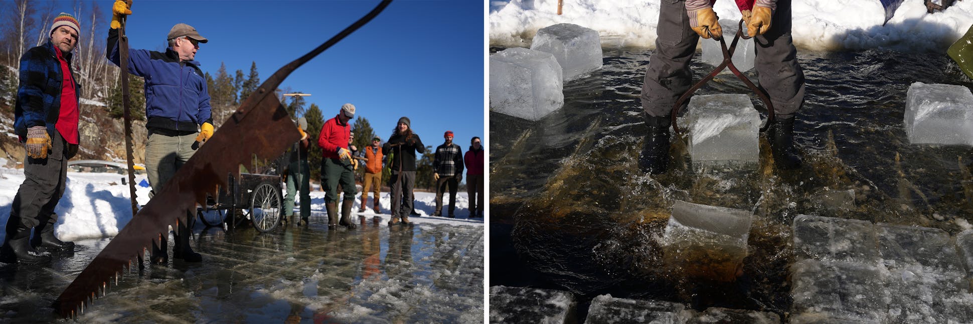 Left: Friends of Will Steger used hand saws to cut all the way through the ice on Pickett's Lake at the Steger Wilderness Center for the annual Ice Ball ice harvest on Feb. 3. Right: Participants pulled blocks of ice from the lake.