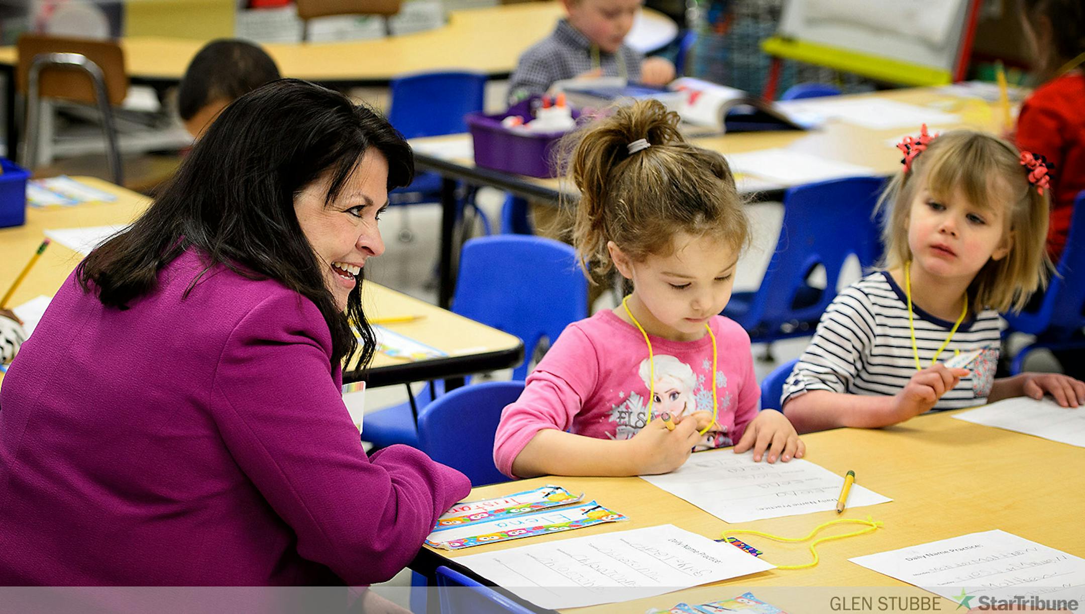 Senator Susan Kent, DFL-Woodbury, visited with one of the PreK students at a learning center.      ] GLEN STUBBE * gstubbe@startribune.com  Friday, March 20, 2015  Governor Mark Dayton, Education Commissioner Brenda Cassellius, and area legislators will visit a preschool classroom at Newport Elementary School.  Senator Katie Sieben, Senator Susan Kent, and Representative Dan Schoen, visited with preschool students, teachers, and parents, and discuss the impact of their proposal to send every Minnesota four-year-old to preschool.