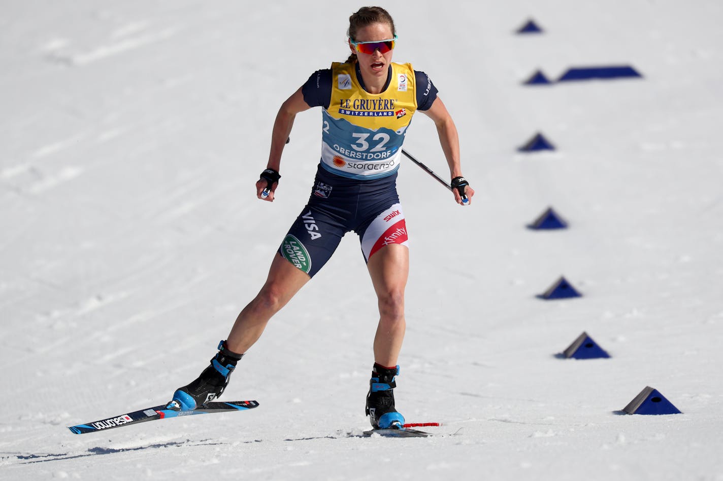 Jessie Diggins of the United States competes during the 10km women's interval start free race at the FIS Nordic World Ski Championships in Oberstdorf, Germany, Tuesday, March 2, 2021. (AP Photo/Matthias Schrader)